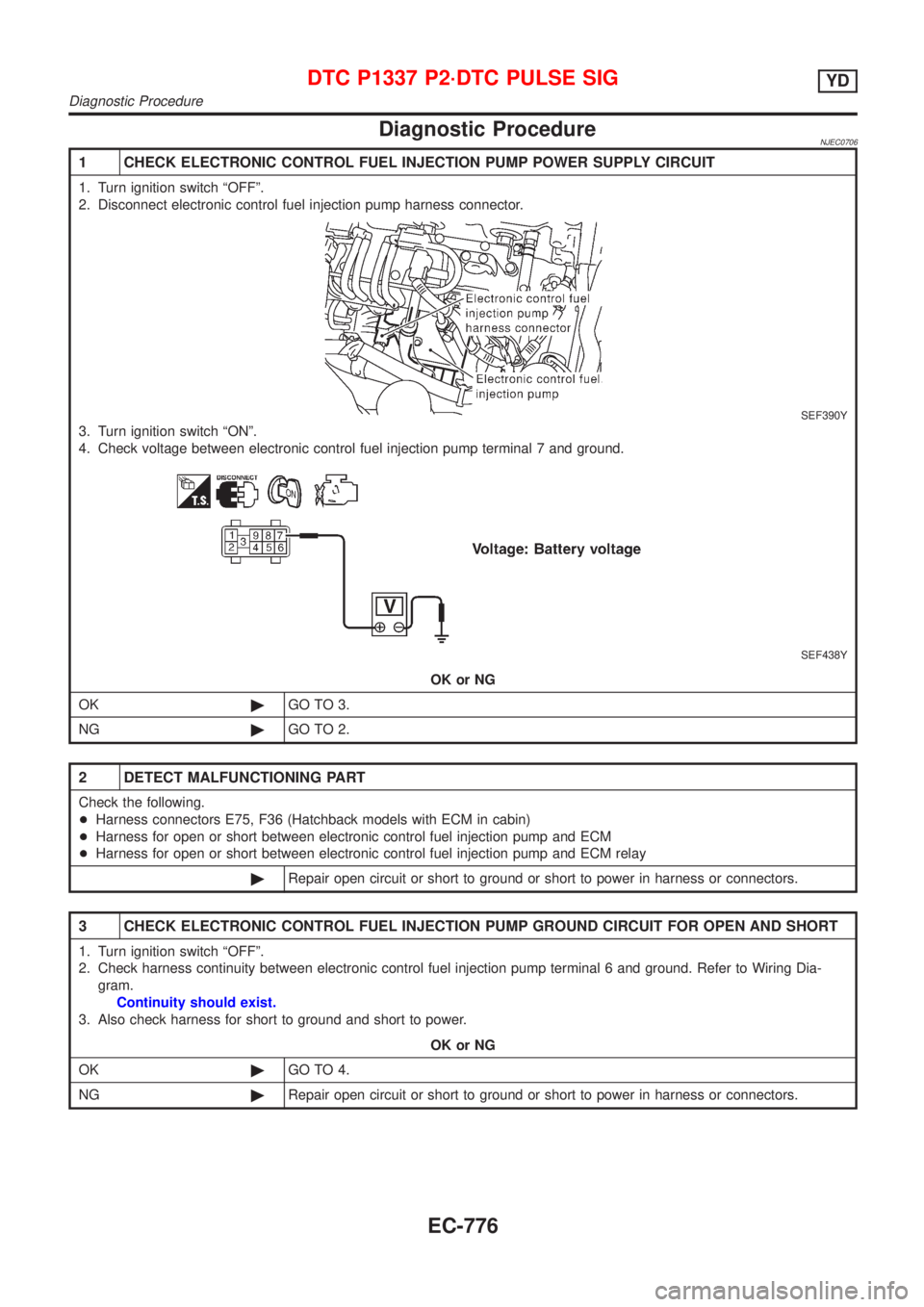 NISSAN ALMERA 2001  Service Manual Diagnostic ProcedureNJEC0706
1 CHECK ELECTRONIC CONTROL FUEL INJECTION PUMP POWER SUPPLY CIRCUIT
1. Turn ignition switch ªOFFº.
2. Disconnect electronic control fuel injection pump harness connector