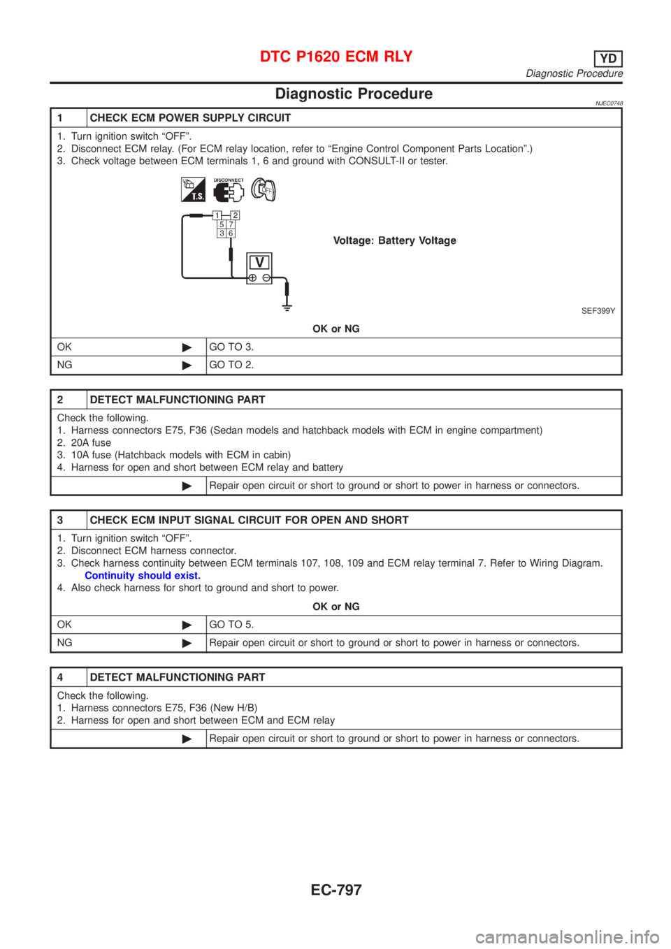 NISSAN ALMERA 2001  Service Manual Diagnostic ProcedureNJEC0748
1 CHECK ECM POWER SUPPLY CIRCUIT
1. Turn ignition switch ªOFFº.
2. Disconnect ECM relay. (For ECM relay location, refer to ªEngine Control Component Parts Locationº.)
