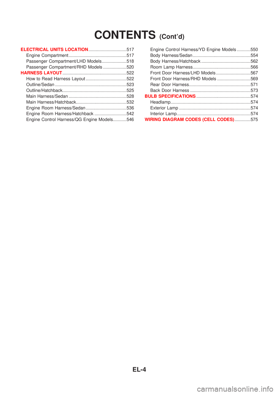 NISSAN ALMERA 2001  Service Manual ELECTRICAL UNITS LOCATION...............................517
Engine Compartment ...............................................517
Passenger Compartment/LHD Models ....................518
Passenger Com
