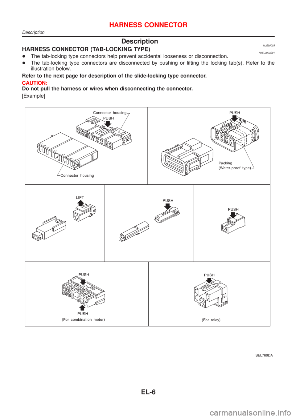 NISSAN ALMERA 2001  Service Manual DescriptionNJEL0003HARNESS CONNECTOR (TAB-LOCKING TYPE)NJEL0003S01+The tab-locking type connectors help prevent accidental looseness or disconnection.
+The tab-locking type connectors are disconnected