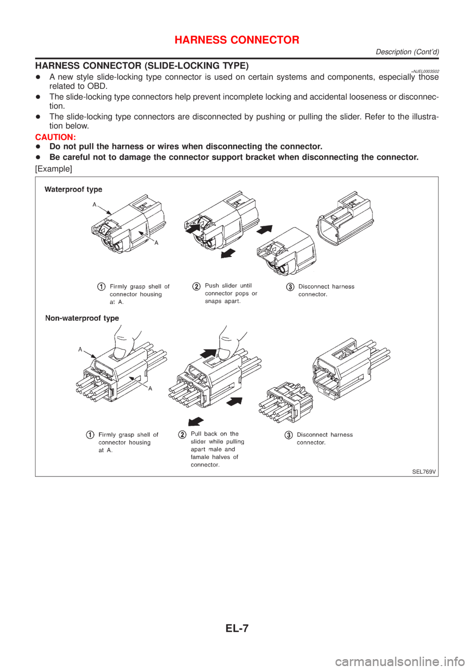 NISSAN ALMERA 2001  Service Manual HARNESS CONNECTOR (SLIDE-LOCKING TYPE)=NJEL0003S02+A new style slide-locking type connector is used on certain systems and components, especially those
related to OBD.
+The slide-locking type connecto