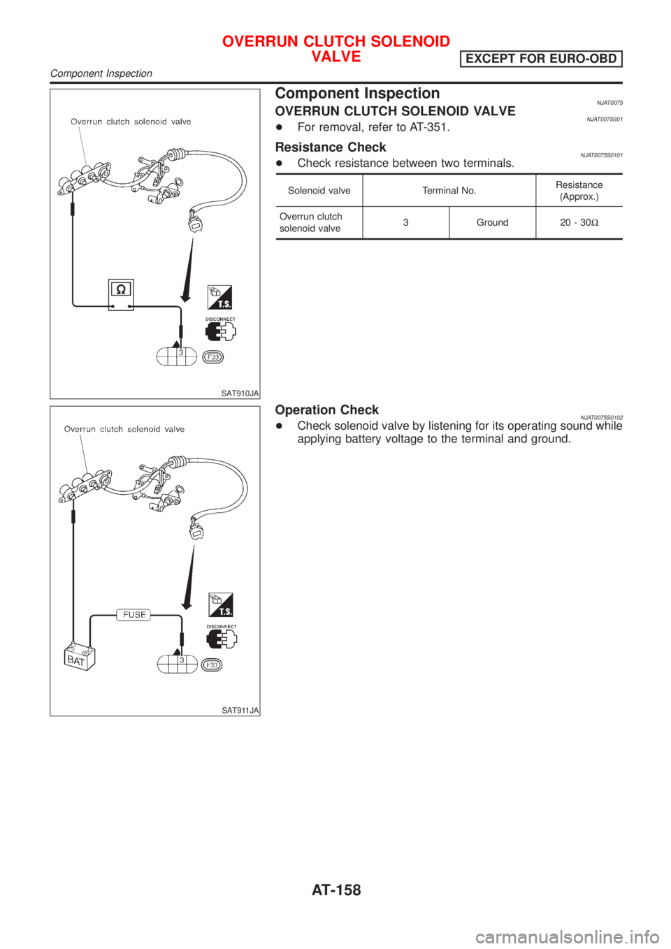 NISSAN ALMERA 2001  Service Manual SAT910JA
Component InspectionNJAT0075OVERRUN CLUTCH SOLENOID VALVENJAT0075S01+For removal, refer to AT-351.
Resistance CheckNJAT0075S0101+Check resistance between two terminals.
Solenoid valve Termina