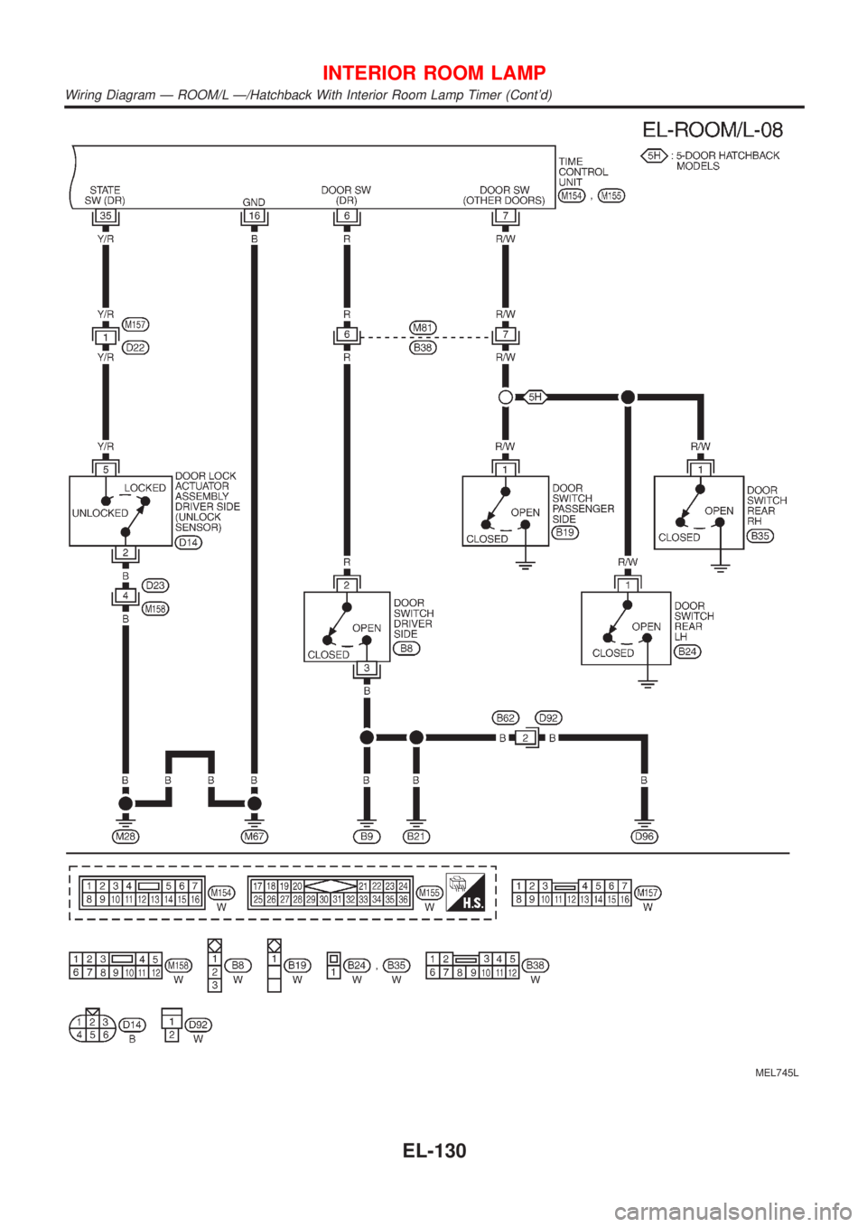 NISSAN ALMERA 2001  Service Manual MEL745L
INTERIOR ROOM LAMP
Wiring Diagram Ð ROOM/L Ð/Hatchback With Interior Room Lamp Timer (Contd)
EL-130 