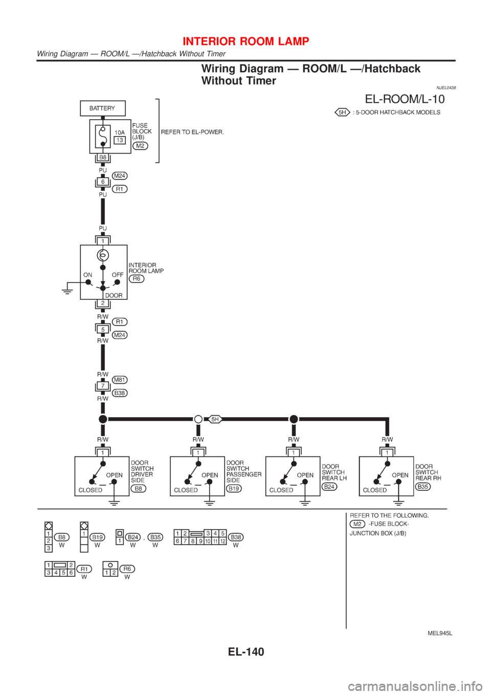 NISSAN ALMERA 2001  Service Manual Wiring Diagram Ð ROOM/L Ð/Hatchback
Without Timer
NJEL0438
MEL945L
INTERIOR ROOM LAMP
Wiring Diagram Ð ROOM/L Ð/Hatchback Without Timer
EL-140 