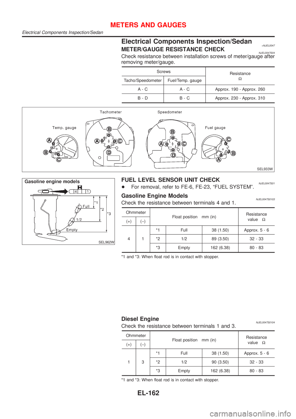 NISSAN ALMERA 2001 Service Manual Electrical Components Inspection/Sedan=NJEL0047METER/GAUGE RESISTANCE CHECKNJEL0047S04Check resistance between installation screws of meter/gauge after
removing meter/gauge.
Screws
Resistance
W
Tacho/ NISSAN ALMERA 2001 Service Manual Electrical Components Inspection/Sedan=NJEL0047METER/GAUGE RESISTANCE CHECKNJEL0047S04Check resistance between installation screws of meter/gauge after
removing meter/gauge.
Screws
Resistance
W
Tacho/