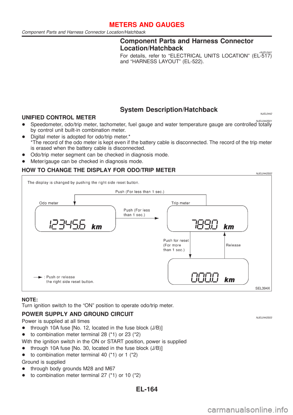 NISSAN ALMERA 2001 Service Manual Component Parts and Harness Connector
Location/Hatchback
=NJEL0441For details, refer to ªELECTRICAL UNITS LOCATIONº (EL-517)
and ªHARNESS LAYOUTº (EL-522).
System Description/HatchbackNJEL0442UNIF NISSAN ALMERA 2001 Service Manual Component Parts and Harness Connector
Location/Hatchback
=NJEL0441For details, refer to ªELECTRICAL UNITS LOCATIONº (EL-517)
and ªHARNESS LAYOUTº (EL-522).
System Description/HatchbackNJEL0442UNIF