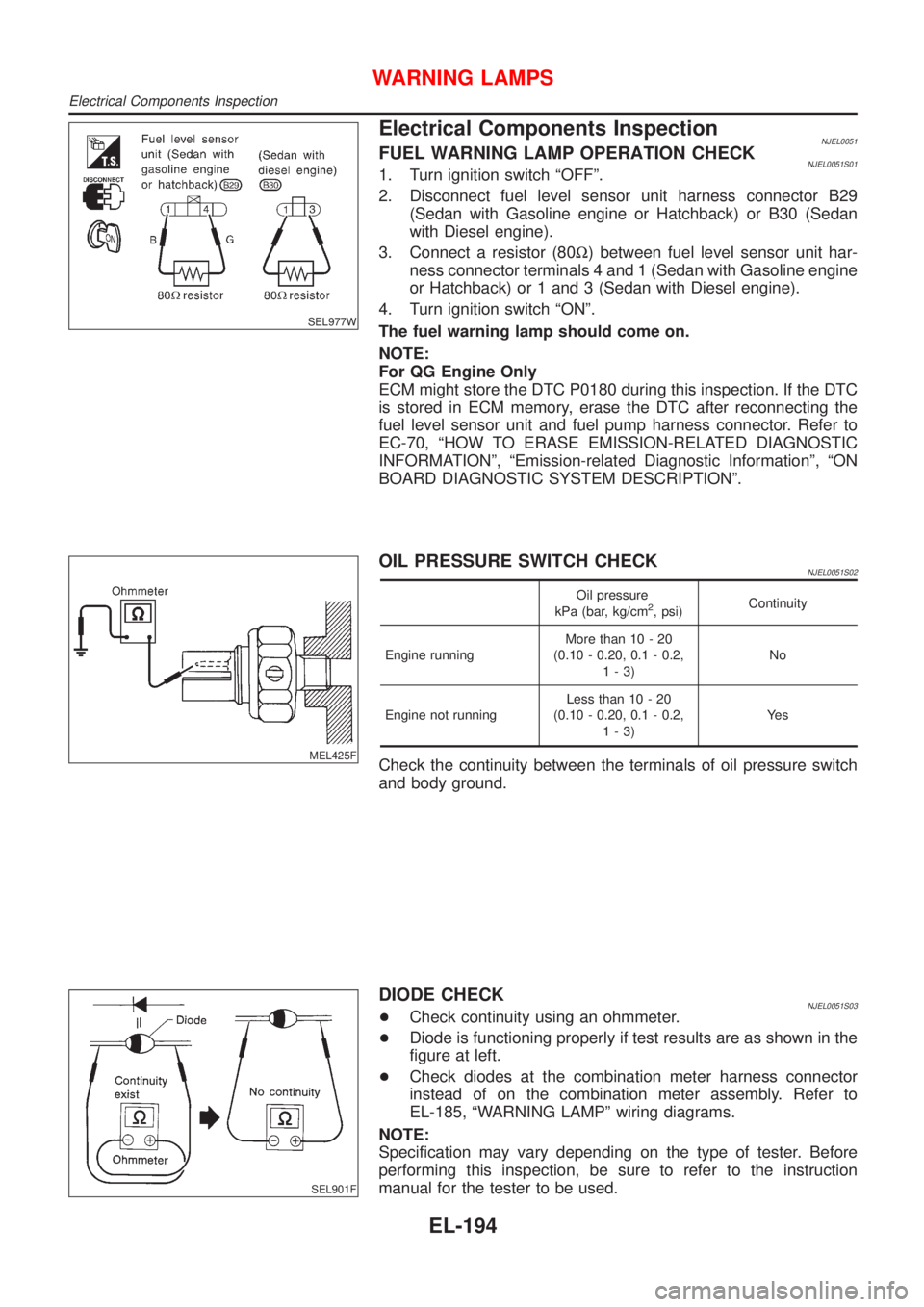 NISSAN ALMERA 2001 Service Manual SEL977W
Electrical Components InspectionNJEL0051FUEL WARNING LAMP OPERATION CHECKNJEL0051S011. Turn ignition switch ªOFFº.
2. Disconnect fuel level sensor unit harness connector B29
(Sedan with Gaso NISSAN ALMERA 2001 Service Manual SEL977W
Electrical Components InspectionNJEL0051FUEL WARNING LAMP OPERATION CHECKNJEL0051S011. Turn ignition switch ªOFFº.
2. Disconnect fuel level sensor unit harness connector B29
(Sedan with Gaso