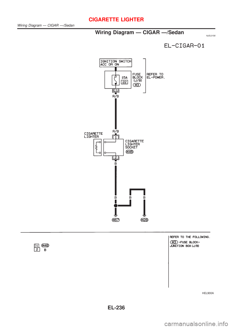 NISSAN ALMERA 2001  Service Manual Wiring Diagram Ð CIGAR Ð/SedanNJEL0156
HEL900A
CIGARETTE LIGHTER
Wiring Diagram Ð CIGAR Ð/Sedan
EL-236 