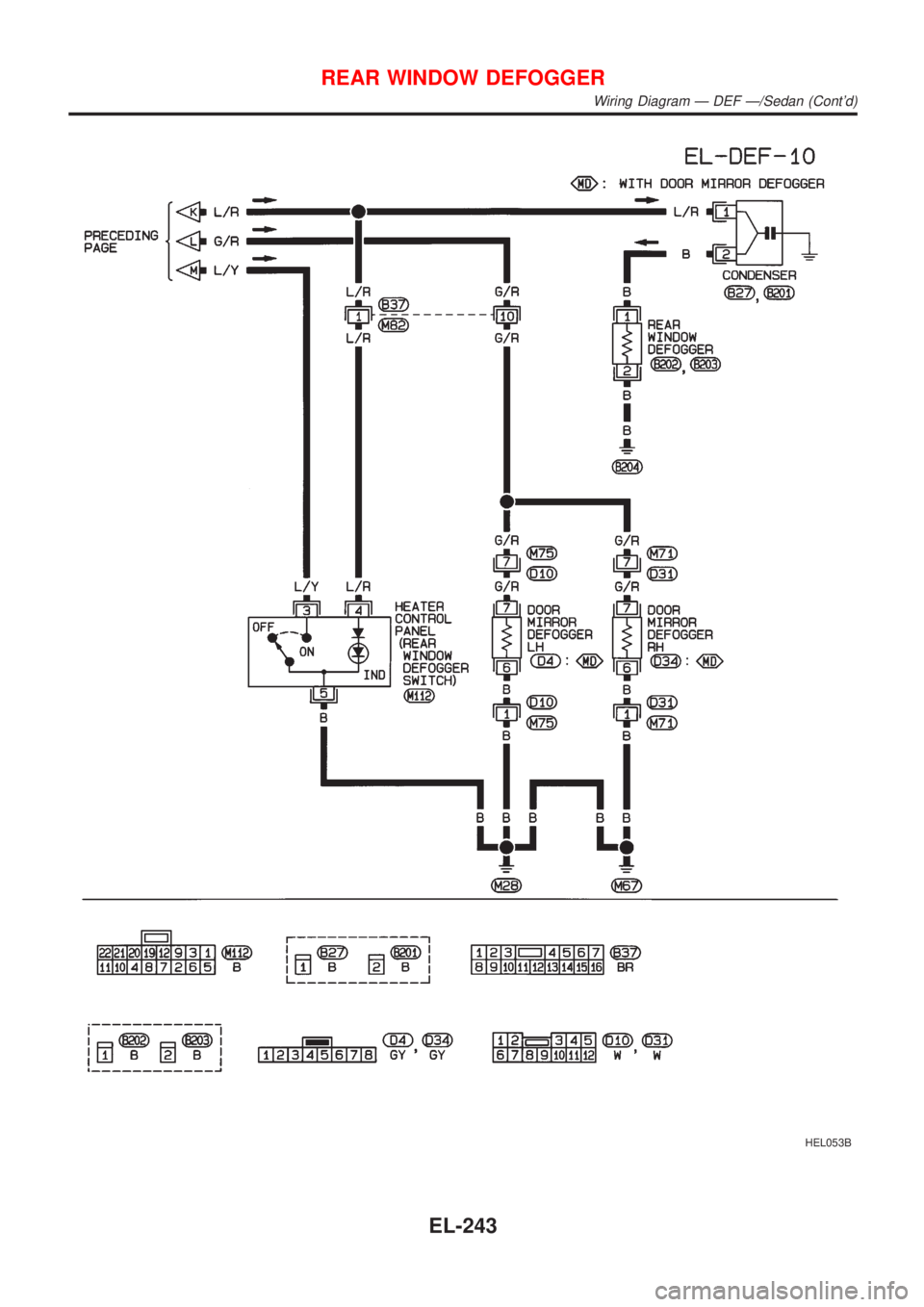 NISSAN ALMERA 2001  Service Manual HEL053B
REAR WINDOW DEFOGGER
Wiring Diagram Ð DEF Ð/Sedan (Contd)
EL-243 