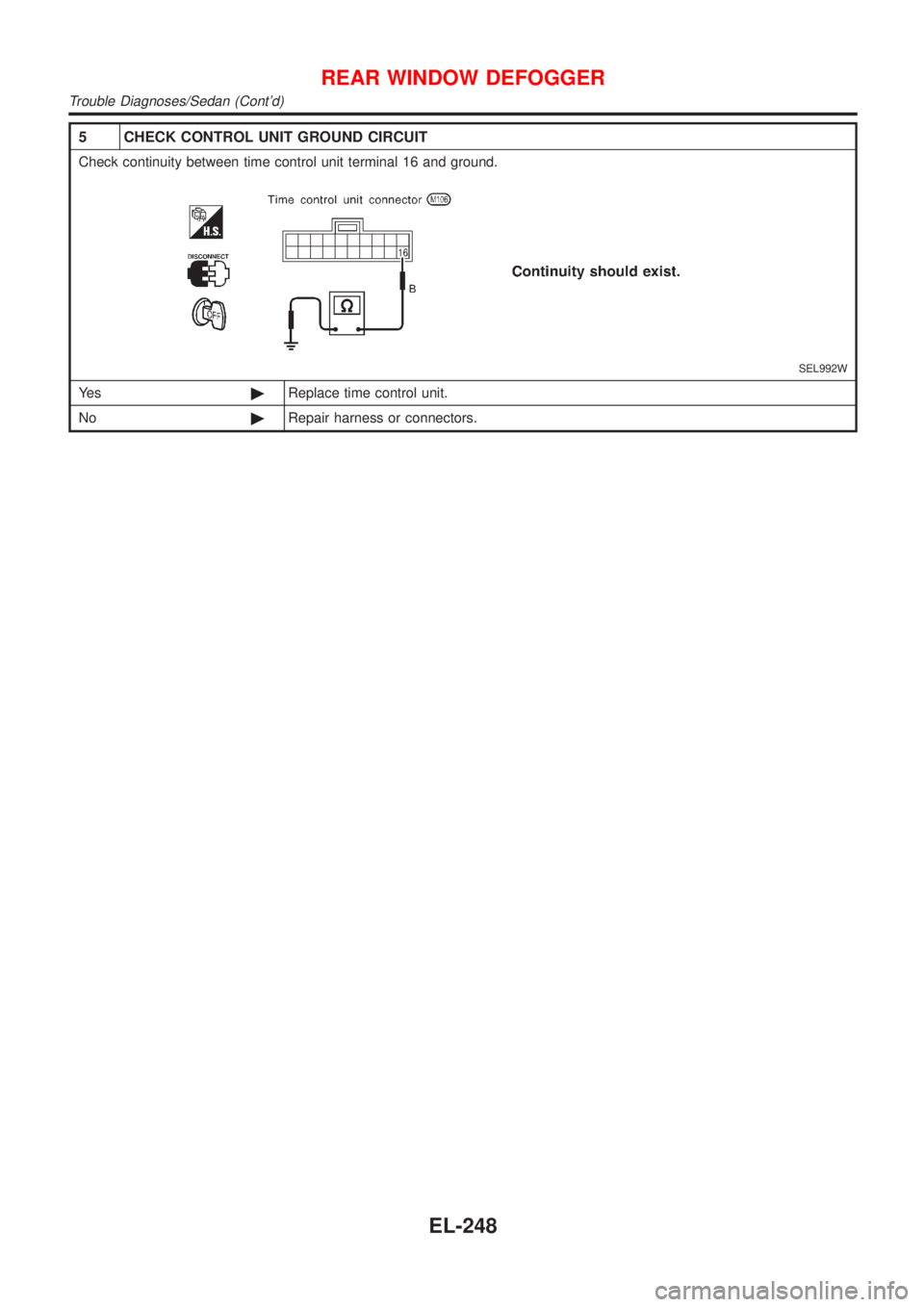 NISSAN ALMERA 2001  Service Manual 5 CHECK CONTROL UNIT GROUND CIRCUIT
Check continuity between time control unit terminal 16 and ground.
SEL992W
Ye s©Replace time control unit.
No©Repair harness or connectors.
REAR WINDOW DEFOGGER
T