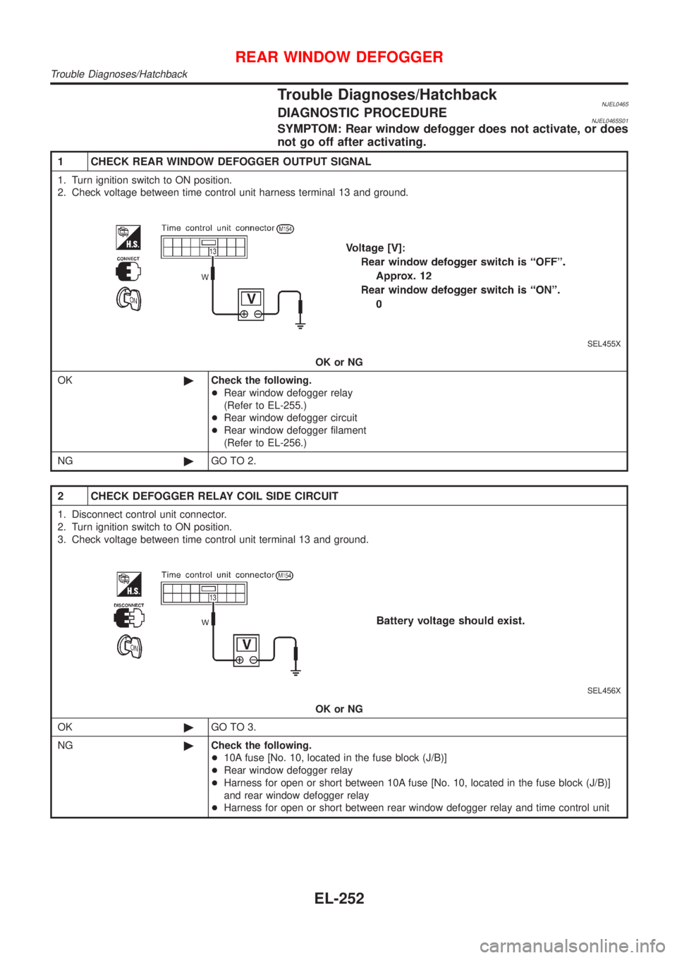 NISSAN ALMERA 2001 Service Manual Trouble Diagnoses/HatchbackNJEL0465DIAGNOSTIC PROCEDURENJEL0465S01SYMPTOM: Rear window defogger does not activate, or does
not go off after activating.
1 CHECK REAR WINDOW DEFOGGER OUTPUT SIGNAL
1. Tu NISSAN ALMERA 2001 Service Manual Trouble Diagnoses/HatchbackNJEL0465DIAGNOSTIC PROCEDURENJEL0465S01SYMPTOM: Rear window defogger does not activate, or does
not go off after activating.
1 CHECK REAR WINDOW DEFOGGER OUTPUT SIGNAL
1. Tu