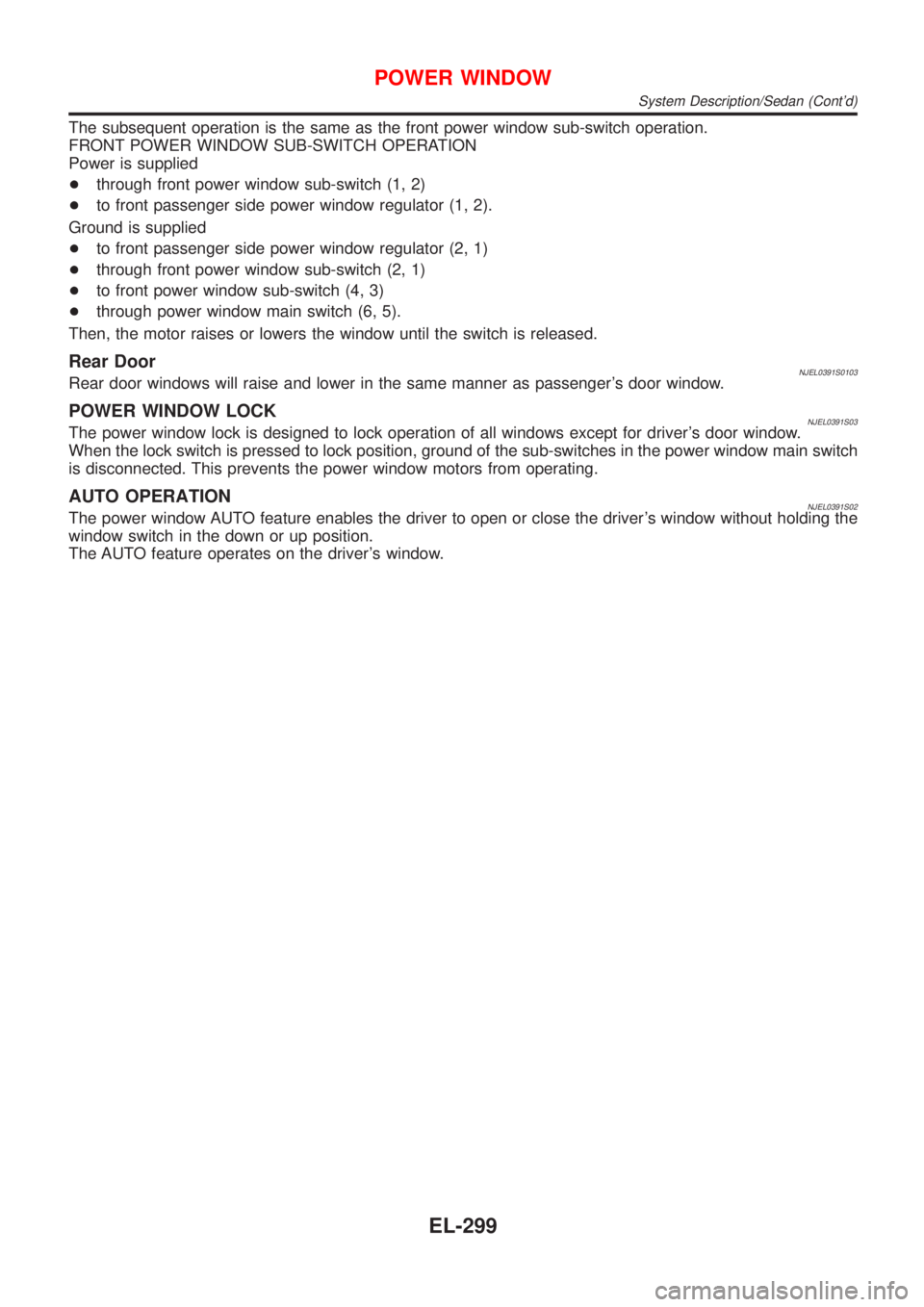 NISSAN ALMERA 2001 Service Manual The subsequent operation is the same as the front power window sub-switch operation.
FRONT POWER WINDOW SUB-SWITCH OPERATION
Power is supplied
+through front power window sub-switch (1, 2)
+to front p NISSAN ALMERA 2001 Service Manual The subsequent operation is the same as the front power window sub-switch operation.
FRONT POWER WINDOW SUB-SWITCH OPERATION
Power is supplied
+through front power window sub-switch (1, 2)
+to front p