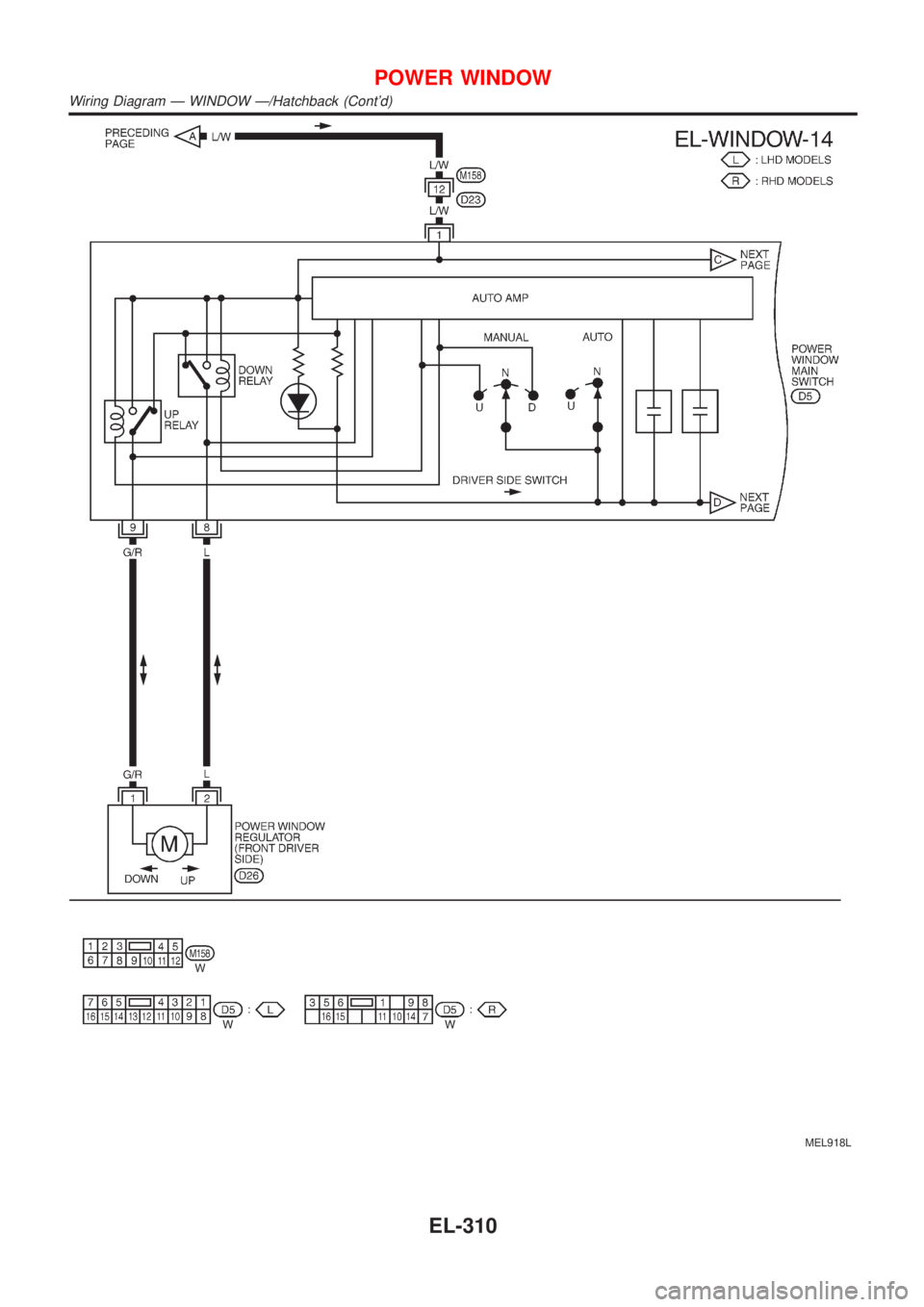 NISSAN ALMERA 2001  Service Manual MEL918L
POWER WINDOW
Wiring Diagram Ð WINDOW Ð/Hatchback (Contd)
EL-310 