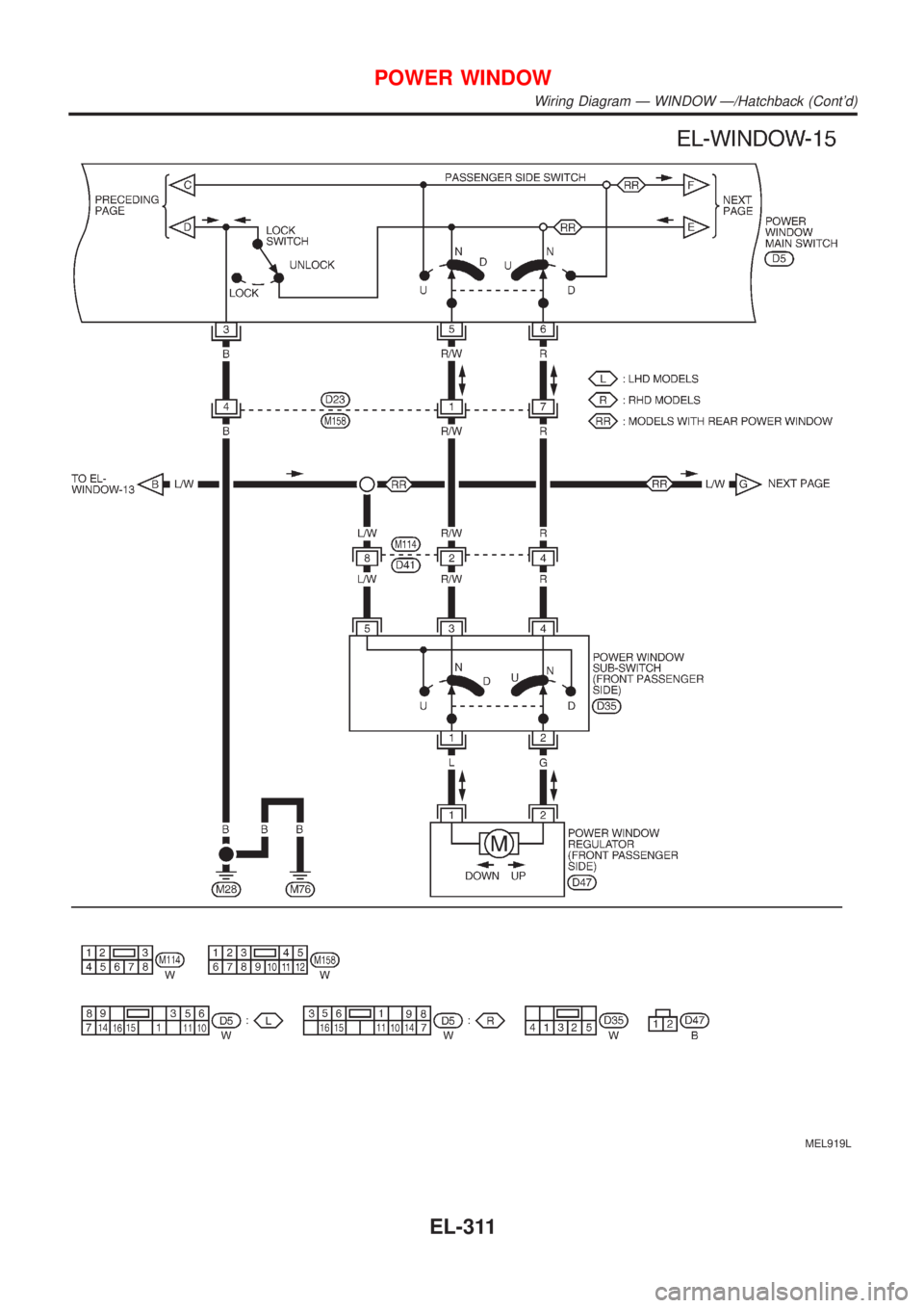 NISSAN ALMERA 2001  Service Manual MEL919L
POWER WINDOW
Wiring Diagram Ð WINDOW Ð/Hatchback (Contd)
EL-311 