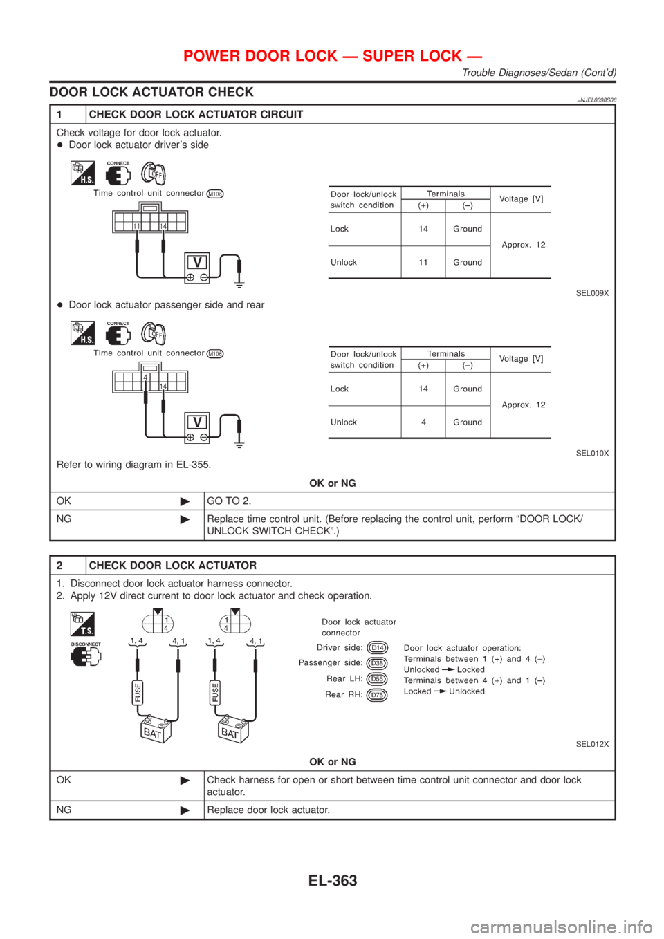 NISSAN ALMERA 2001  Service Manual DOOR LOCK ACTUATOR CHECK=NJEL0398S06
1 CHECK DOOR LOCK ACTUATOR CIRCUIT
Check voltage for door lock actuator.
+Door lock actuator drivers side
SEL009X
+Door lock actuator passenger side and rear
SEL0