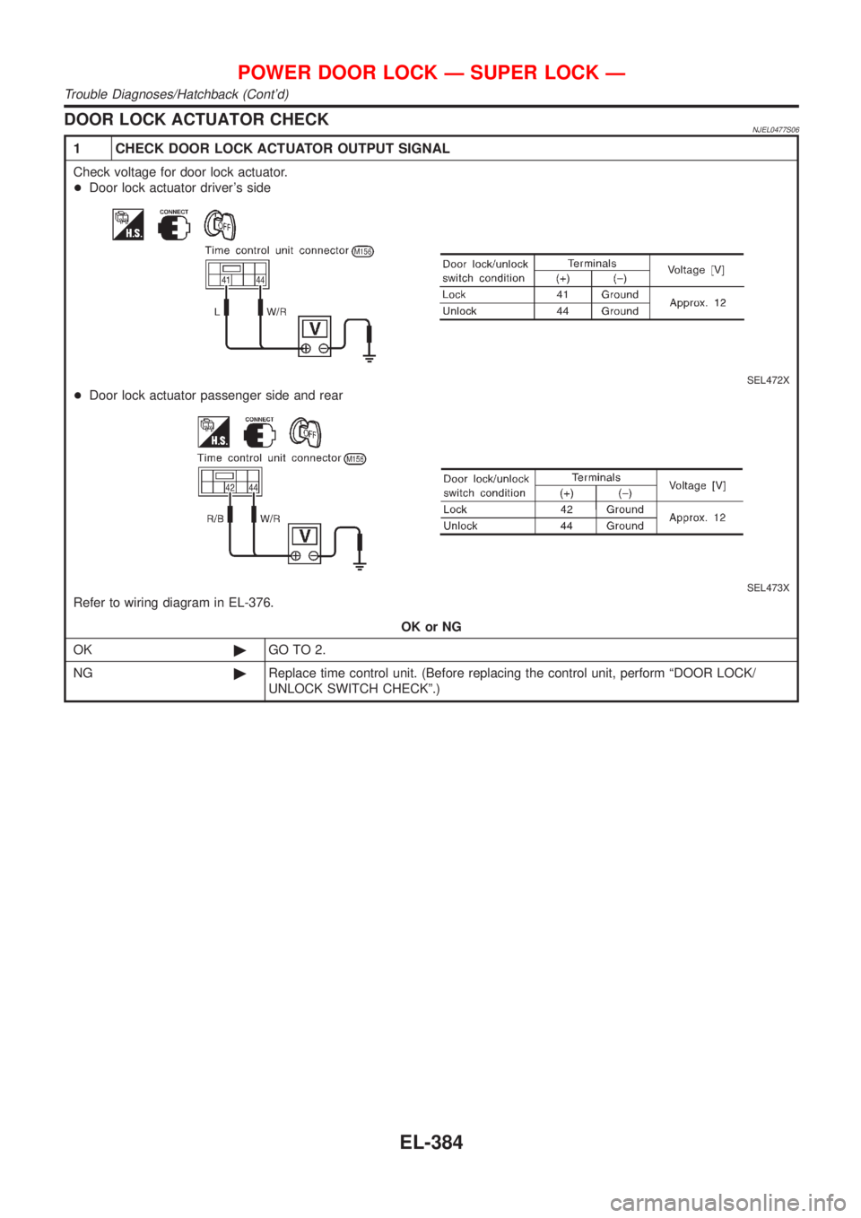 NISSAN ALMERA 2001  Service Manual DOOR LOCK ACTUATOR CHECKNJEL0477S06
1 CHECK DOOR LOCK ACTUATOR OUTPUT SIGNAL
Check voltage for door lock actuator.
+Door lock actuator drivers side
SEL472X
+Door lock actuator passenger side and rear