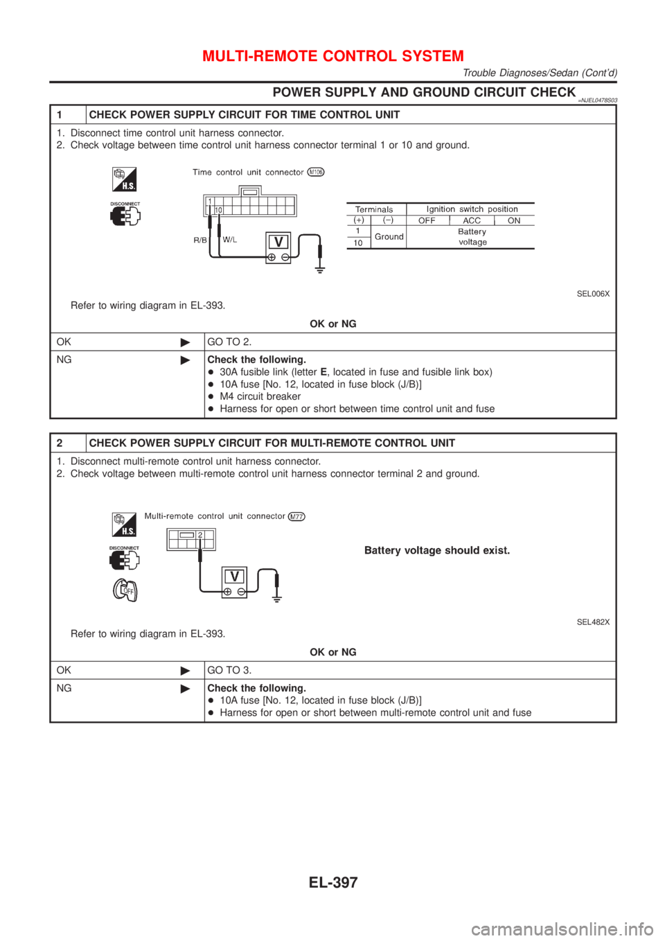 NISSAN ALMERA 2001  Service Manual POWER SUPPLY AND GROUND CIRCUIT CHECK=NJEL0478S03
1 CHECK POWER SUPPLY CIRCUIT FOR TIME CONTROL UNIT
1. Disconnect time control unit harness connector.
2. Check voltage between time control unit harne