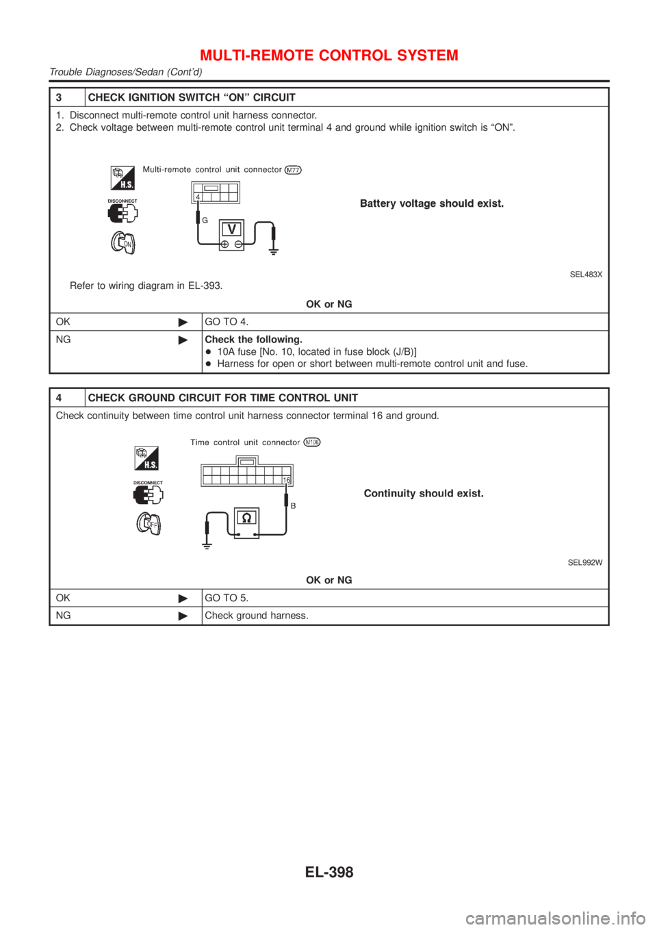 NISSAN ALMERA 2001  Service Manual 3 CHECK IGNITION SWITCH ªONº CIRCUIT
1. Disconnect multi-remote control unit harness connector.
2. Check voltage between multi-remote control unit terminal 4 and ground while ignition switch is ªON