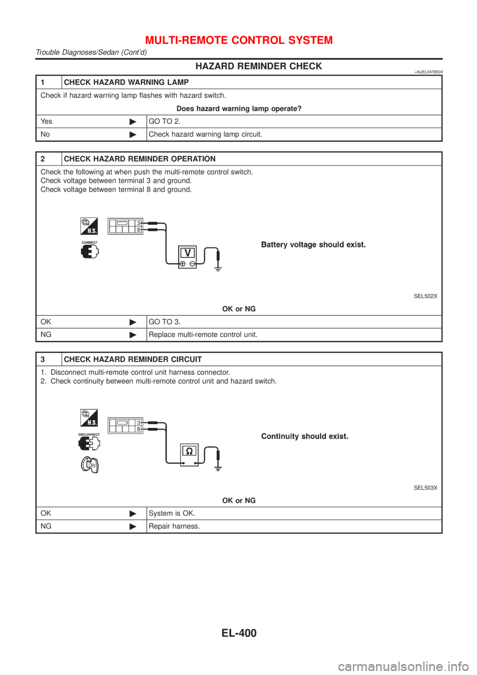 NISSAN ALMERA 2001  Service Manual HAZARD REMINDER CHECK=NJEL0478S04
1 CHECK HAZARD WARNING LAMP
Check if hazard warning lamp flashes with hazard switch.
Does hazard warning lamp operate?
Ye s©GO TO 2.
No©Check hazard warning lamp ci