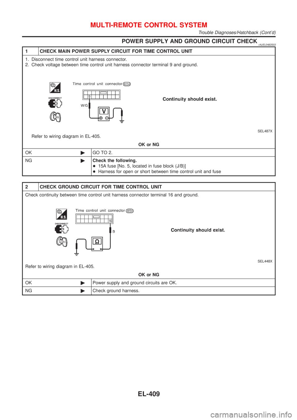 NISSAN ALMERA 2001  Service Manual POWER SUPPLY AND GROUND CIRCUIT CHECK=NJEL0482S03
1 CHECK MAIN POWER SUPPLY CIRCUIT FOR TIME CONTROL UNIT
1. Disconnect time control unit harness connector.
2. Check voltage between time control unit 