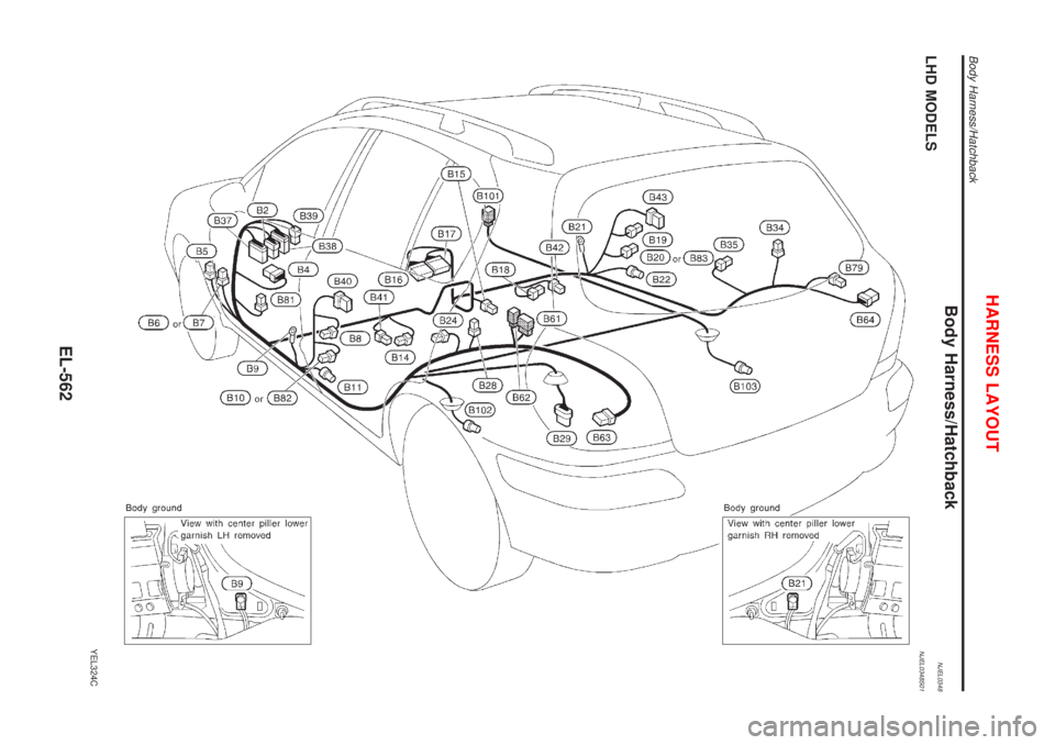 NISSAN ALMERA 2001 Service Manual Body Harness/HatchbackNJEL0348LHD MODELSNJEL0348S01
YEL324C
HARNESS LAYOUT
Body Harness/Hatchback
EL-562 NISSAN ALMERA 2001 Service Manual Body Harness/HatchbackNJEL0348LHD MODELSNJEL0348S01
YEL324C
HARNESS LAYOUT
Body Harness/Hatchback
EL-562