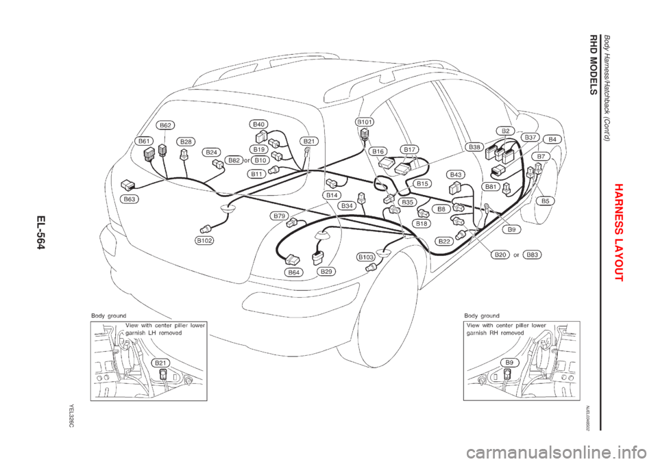NISSAN ALMERA 2001 Service Manual RHD MODELSNJEL0348S02
YEL326C
HARNESS LAYOUT
Body Harness/Hatchback (Contd)
EL-564 NISSAN ALMERA 2001 Service Manual RHD MODELSNJEL0348S02
YEL326C
HARNESS LAYOUT
Body Harness/Hatchback (Contd)
EL-564