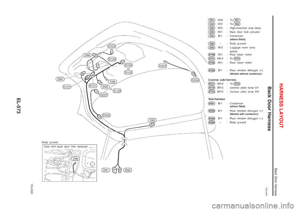 NISSAN ALMERA 2001  Service Manual Back Door HarnessNJEL0492
YEL328C
HARNESS LAYOUT
Back Door Harness
EL-573 