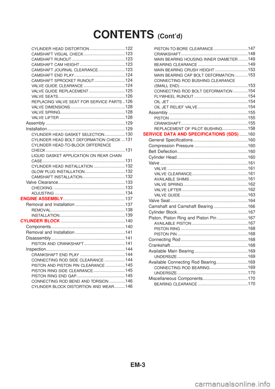 NISSAN ALMERA 2001  Service Manual CYLINDER HEAD DISTORTION.............................122
CAMSHAFT VISUAL CHECK..................................123
CAMSHAFT RUNOUT............................................123
CAMSHAFT CAM HEIGHT..