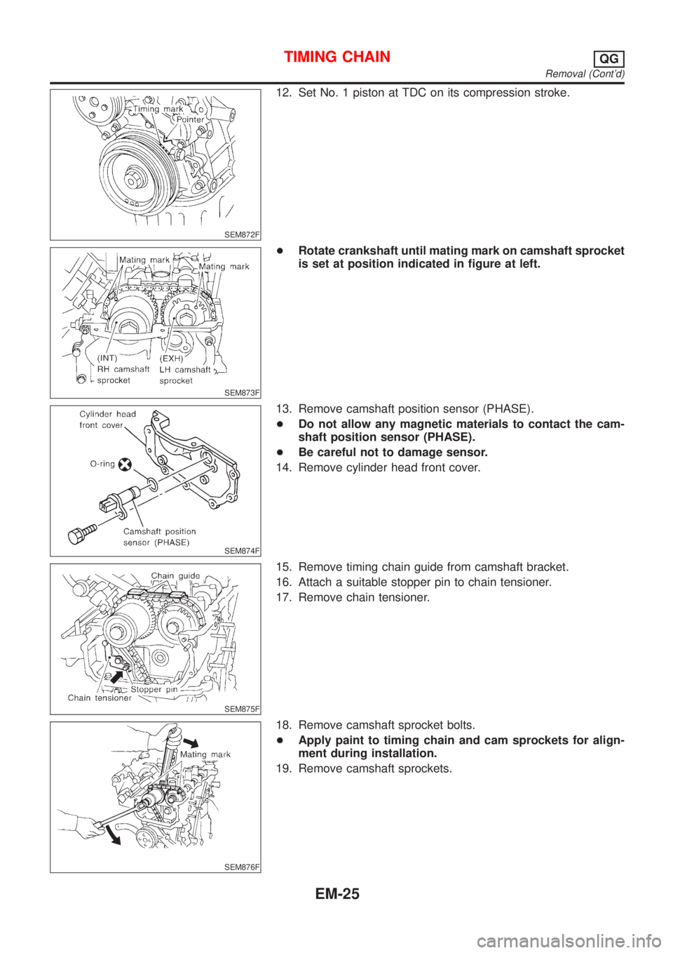 NISSAN ALMERA 2001  Service Manual SEM872F
12. Set No. 1 piston at TDC on its compression stroke.
SEM873F
+Rotate crankshaft until mating mark on camshaft sprocket
is set at position indicated in figure at left.
SEM874F
13. Remove cams