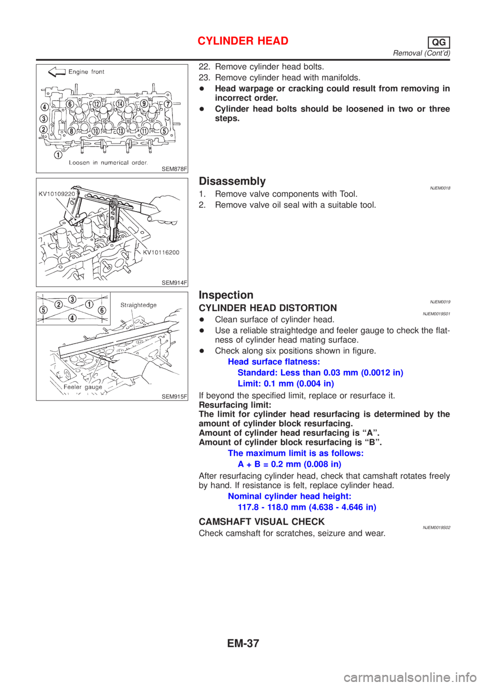 NISSAN ALMERA 2001  Service Manual SEM878F
22. Remove cylinder head bolts.
23. Remove cylinder head with manifolds.
+Head warpage or cracking could result from removing in
incorrect order.
+Cylinder head bolts should be loosened in two