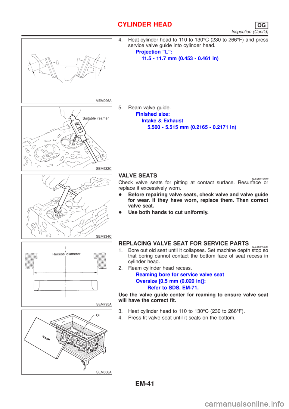 NISSAN ALMERA 2001  Service Manual MEM096A
4. Heat cylinder head to 110 to 130ÉC (230 to 266ÉF) and press
service valve guide into cylinder head.
Projection ªLº:
11.5 - 11.7 mm (0.453 - 0.461 in)
SEM932C
5. Ream valve guide.
Finish