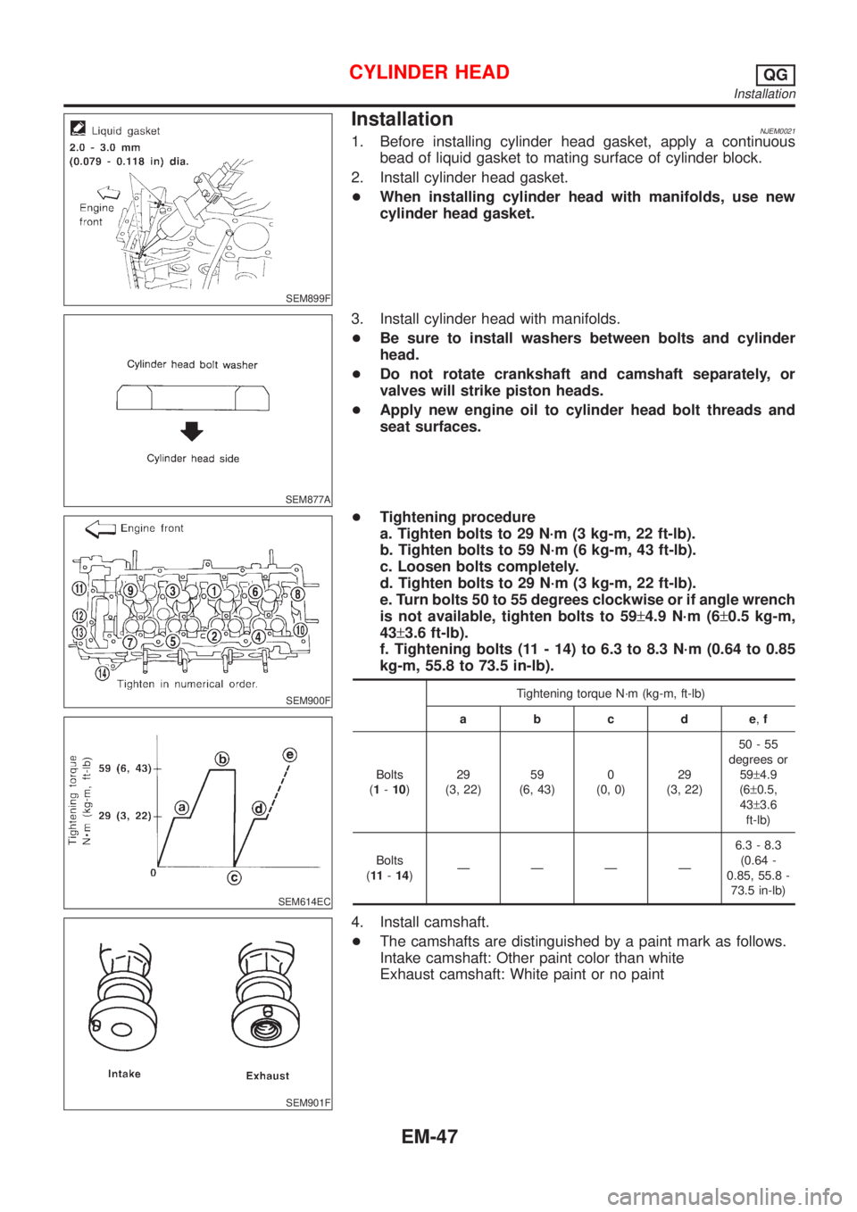NISSAN ALMERA 2001 Service Manual SEM899F
InstallationNJEM00211. Before installing cylinder head gasket, apply a continuous
bead of liquid gasket to mating surface of cylinder block.
2. Install cylinder head gasket.
+When installing c NISSAN ALMERA 2001 Service Manual SEM899F
InstallationNJEM00211. Before installing cylinder head gasket, apply a continuous
bead of liquid gasket to mating surface of cylinder block.
2. Install cylinder head gasket.
+When installing c