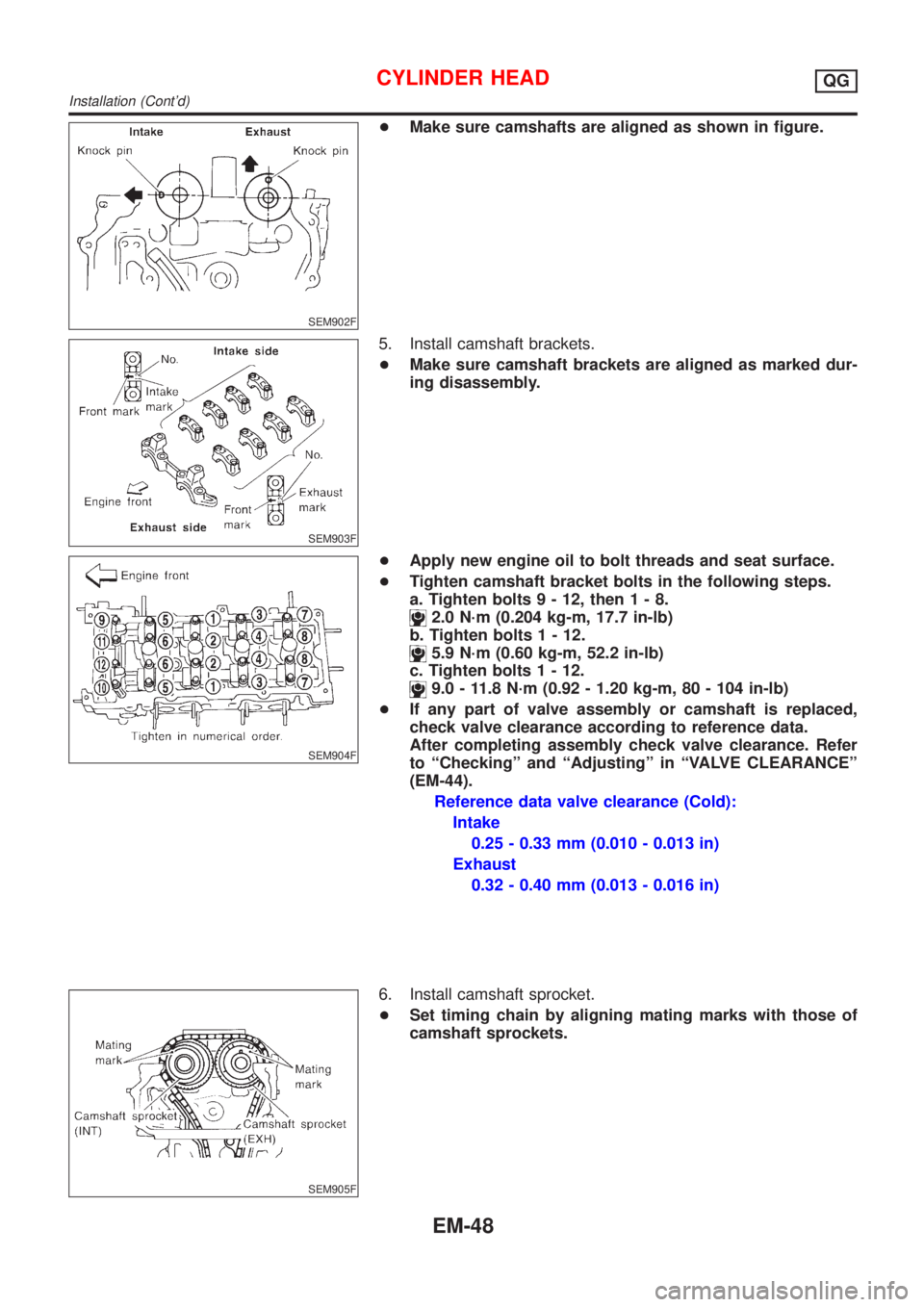 NISSAN ALMERA 2001 Service Manual SEM902F
+Make sure camshafts are aligned as shown in figure.
SEM903F
5. Install camshaft brackets.
+Make sure camshaft brackets are aligned as marked dur-
ing disassembly.
SEM904F
+Apply new engine oi NISSAN ALMERA 2001 Service Manual SEM902F
+Make sure camshafts are aligned as shown in figure.
SEM903F
5. Install camshaft brackets.
+Make sure camshaft brackets are aligned as marked dur-
ing disassembly.
SEM904F
+Apply new engine oi