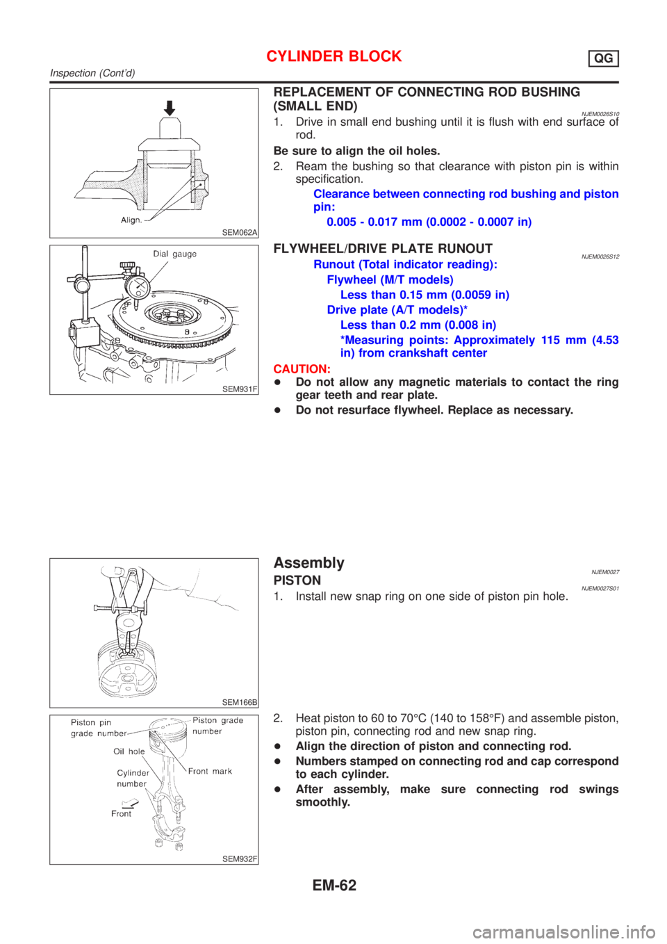 NISSAN ALMERA 2001 Service Manual SEM062A
REPLACEMENT OF CONNECTING ROD BUSHING
(SMALL END)
NJEM0026S101. Drive in small end bushing until it is flush with end surface of
rod.
Be sure to align the oil holes.
2. Ream the bushing so tha NISSAN ALMERA 2001 Service Manual SEM062A
REPLACEMENT OF CONNECTING ROD BUSHING
(SMALL END)
NJEM0026S101. Drive in small end bushing until it is flush with end surface of
rod.
Be sure to align the oil holes.
2. Ream the bushing so tha
