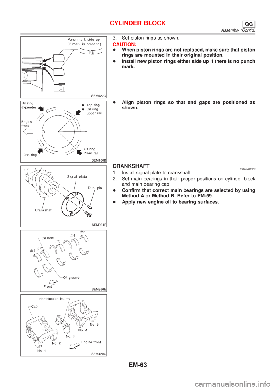 NISSAN ALMERA 2001 Service Manual SEM522G
3. Set piston rings as shown.
CAUTION:
+When piston rings are not replaced, make sure that piston
rings are mounted in their original position.
+Install new piston rings either side up if ther NISSAN ALMERA 2001 Service Manual SEM522G
3. Set piston rings as shown.
CAUTION:
+When piston rings are not replaced, make sure that piston
rings are mounted in their original position.
+Install new piston rings either side up if ther