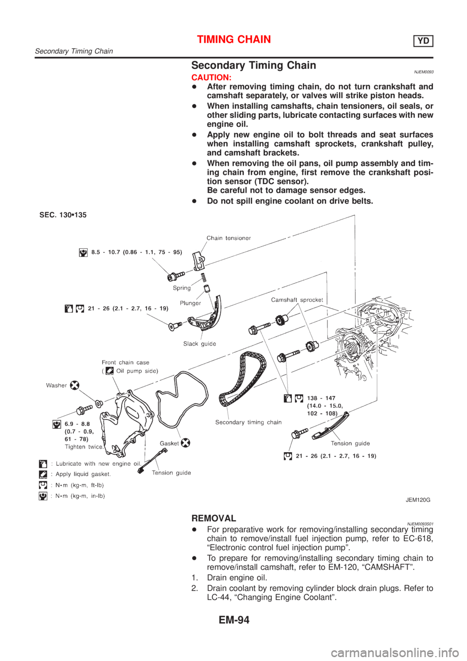 NISSAN ALMERA 2001  Service Manual Secondary Timing ChainNJEM0093CAUTION:
+After removing timing chain, do not turn crankshaft and
camshaft separately, or valves will strike piston heads.
+When installing camshafts, chain tensioners, o