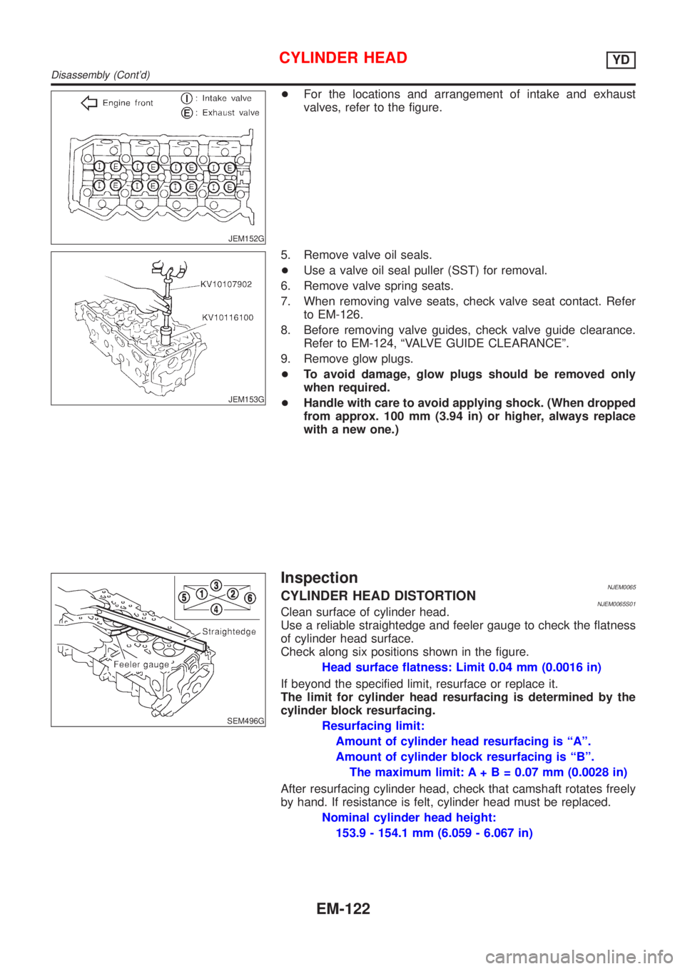 NISSAN ALMERA 2001  Service Manual JEM152G
+For the locations and arrangement of intake and exhaust
valves, refer to the figure.
JEM153G
5. Remove valve oil seals.
+Use a valve oil seal puller (SST) for removal.
6. Remove valve spring 