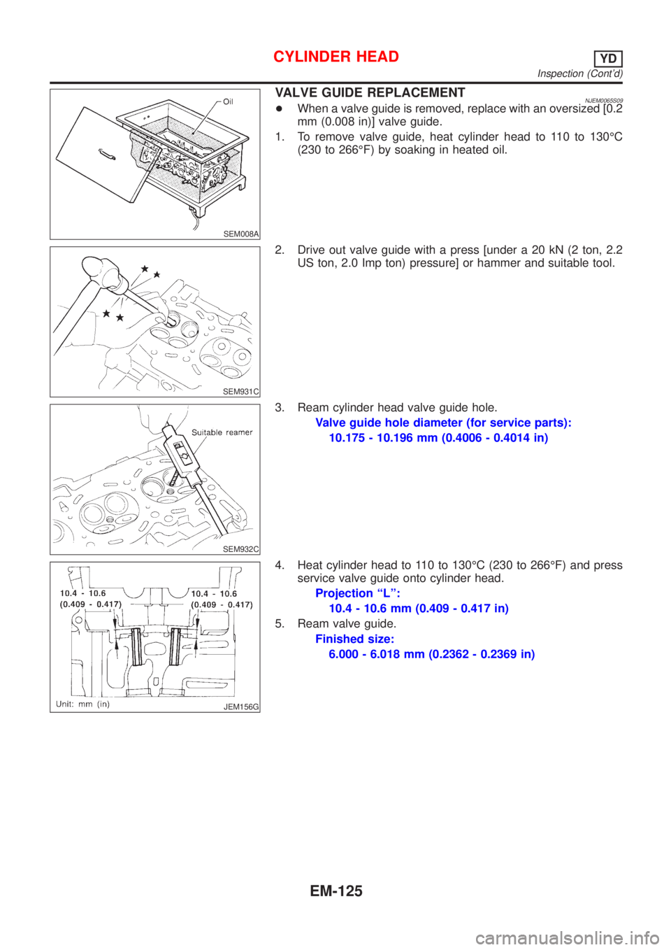 NISSAN ALMERA 2001  Service Manual SEM008A
VALVE GUIDE REPLACEMENTNJEM0065S09+When a valve guide is removed, replace with an oversized [0.2
mm (0.008 in)] valve guide.
1. To remove valve guide, heat cylinder head to 110 to 130ÉC
(230 