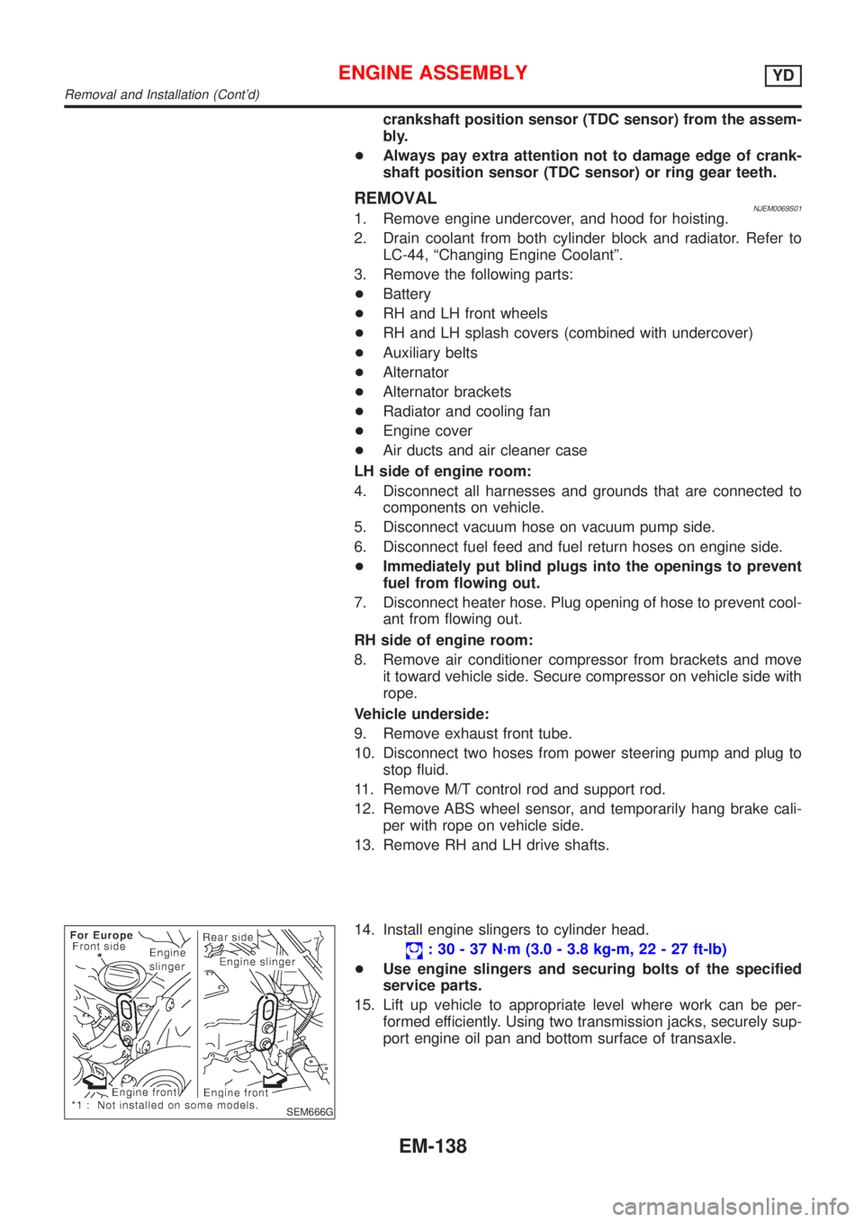 NISSAN ALMERA 2001 Service Manual crankshaft position sensor (TDC sensor) from the assem-
bly.
+Always pay extra attention not to damage edge of crank-
shaft position sensor (TDC sensor) or ring gear teeth.
REMOVALNJEM0069S011. Remove NISSAN ALMERA 2001 Service Manual crankshaft position sensor (TDC sensor) from the assem-
bly.
+Always pay extra attention not to damage edge of crank-
shaft position sensor (TDC sensor) or ring gear teeth.
REMOVALNJEM0069S011. Remove