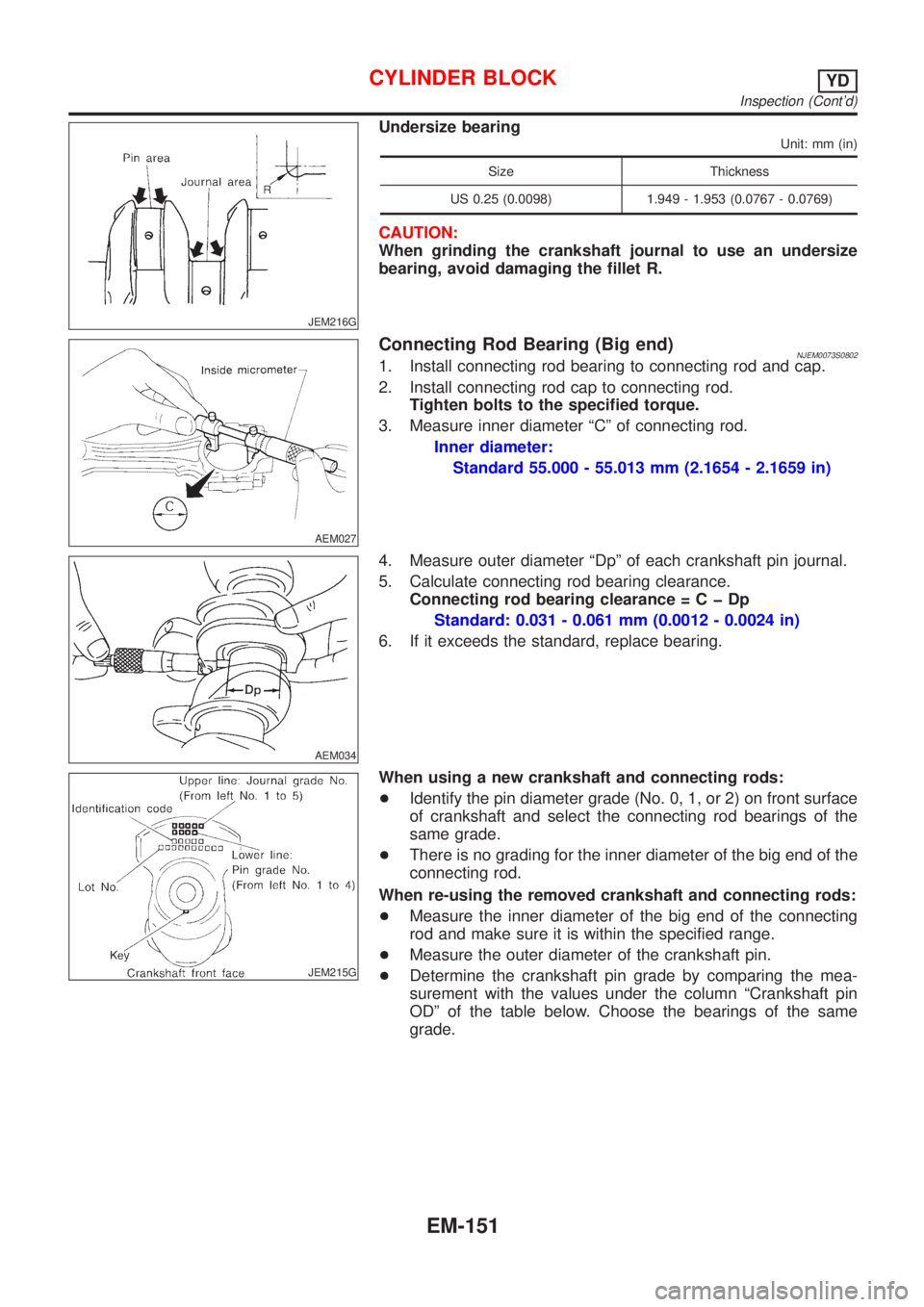 NISSAN ALMERA 2001 Service Manual JEM216G
Undersize bearing
Unit: mm (in)
Size Thickness
US 0.25 (0.0098) 1.949 - 1.953 (0.0767 - 0.0769)
CAUTION:
When grinding the crankshaft journal to use an undersize
bearing, avoid damaging the fi NISSAN ALMERA 2001 Service Manual JEM216G
Undersize bearing
Unit: mm (in)
Size Thickness
US 0.25 (0.0098) 1.949 - 1.953 (0.0767 - 0.0769)
CAUTION:
When grinding the crankshaft journal to use an undersize
bearing, avoid damaging the fi