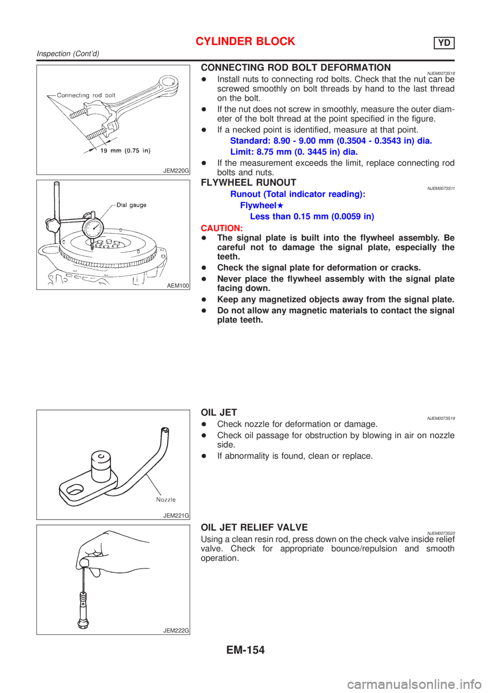 NISSAN ALMERA 2001 Service Manual JEM220G
CONNECTING ROD BOLT DEFORMATIONNJEM0073S18+Install nuts to connecting rod bolts. Check that the nut can be
screwed smoothly on bolt threads by hand to the last thread
on the bolt.
+If the nut NISSAN ALMERA 2001 Service Manual JEM220G
CONNECTING ROD BOLT DEFORMATIONNJEM0073S18+Install nuts to connecting rod bolts. Check that the nut can be
screwed smoothly on bolt threads by hand to the last thread
on the bolt.
+If the nut