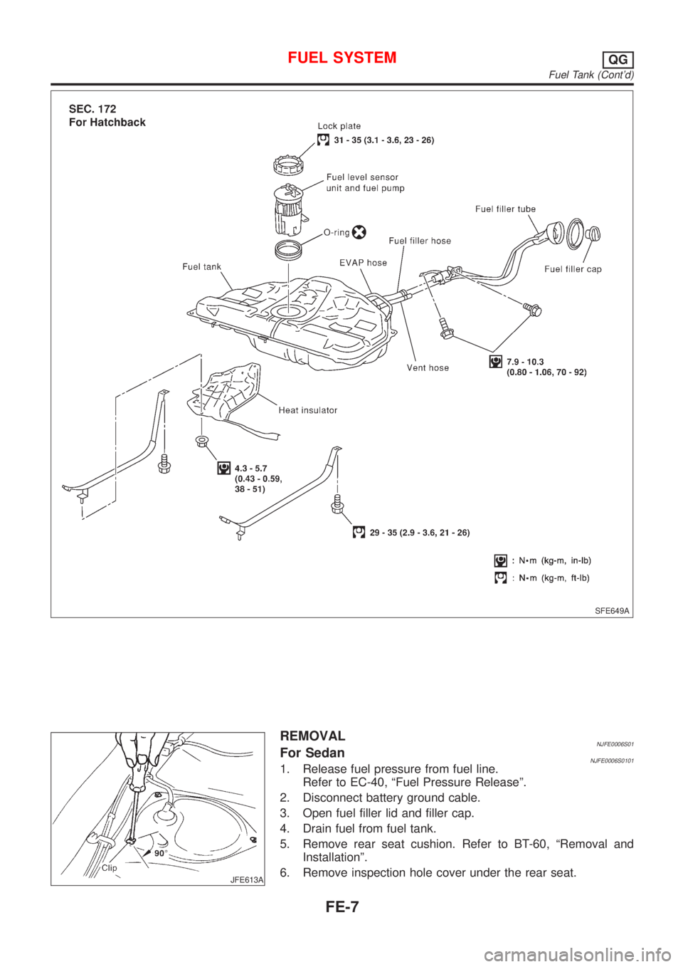 NISSAN ALMERA 2001  Service Manual SFE649A
JFE613A
REMOVALNJFE0006S01For SedanNJFE0006S01011. Release fuel pressure from fuel line.
Refer to EC-40, ªFuel Pressure Releaseº.
2. Disconnect battery ground cable.
3. Open fuel filler lid 