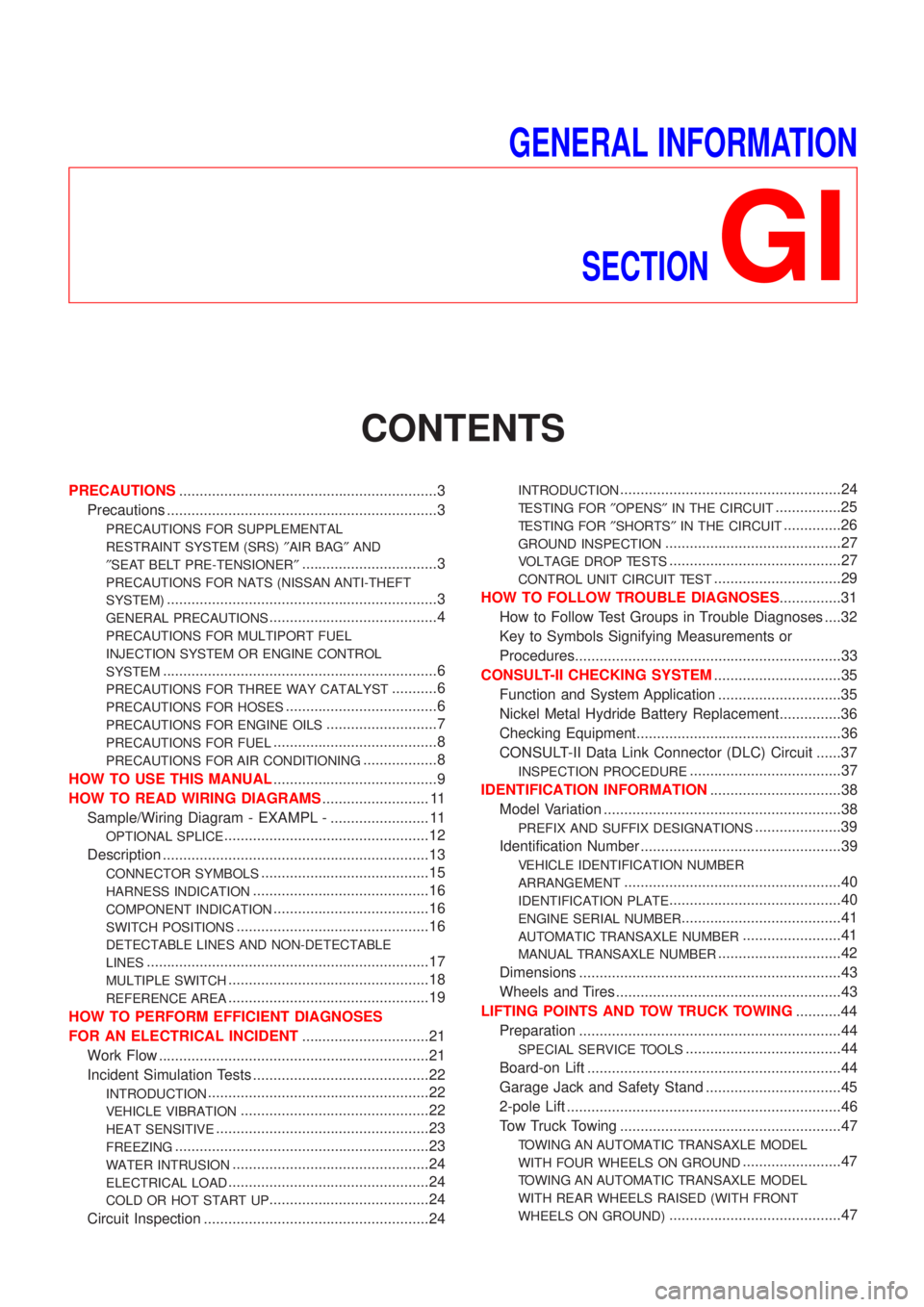 NISSAN ALMERA 2001  Service Manual GENERAL INFORMATION
SECTION
GI
CONTENTS
PRECAUTIONS...............................................................3
Precautions ..................................................................3
PREC
