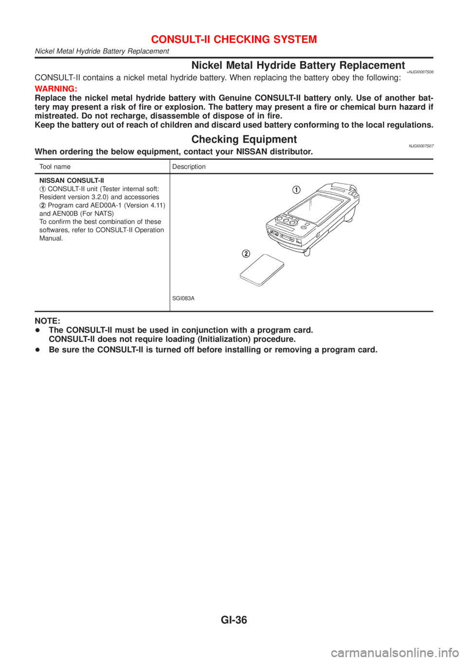 NISSAN ALMERA 2001 Service Manual Nickel Metal Hydride Battery Replacement=NJGI0007S06CONSULT-II contains a nickel metal hydride battery. When replacing the battery obey the following:
WARNING:
Replace the nickel metal hydride battery NISSAN ALMERA 2001 Service Manual Nickel Metal Hydride Battery Replacement=NJGI0007S06CONSULT-II contains a nickel metal hydride battery. When replacing the battery obey the following:
WARNING:
Replace the nickel metal hydride battery