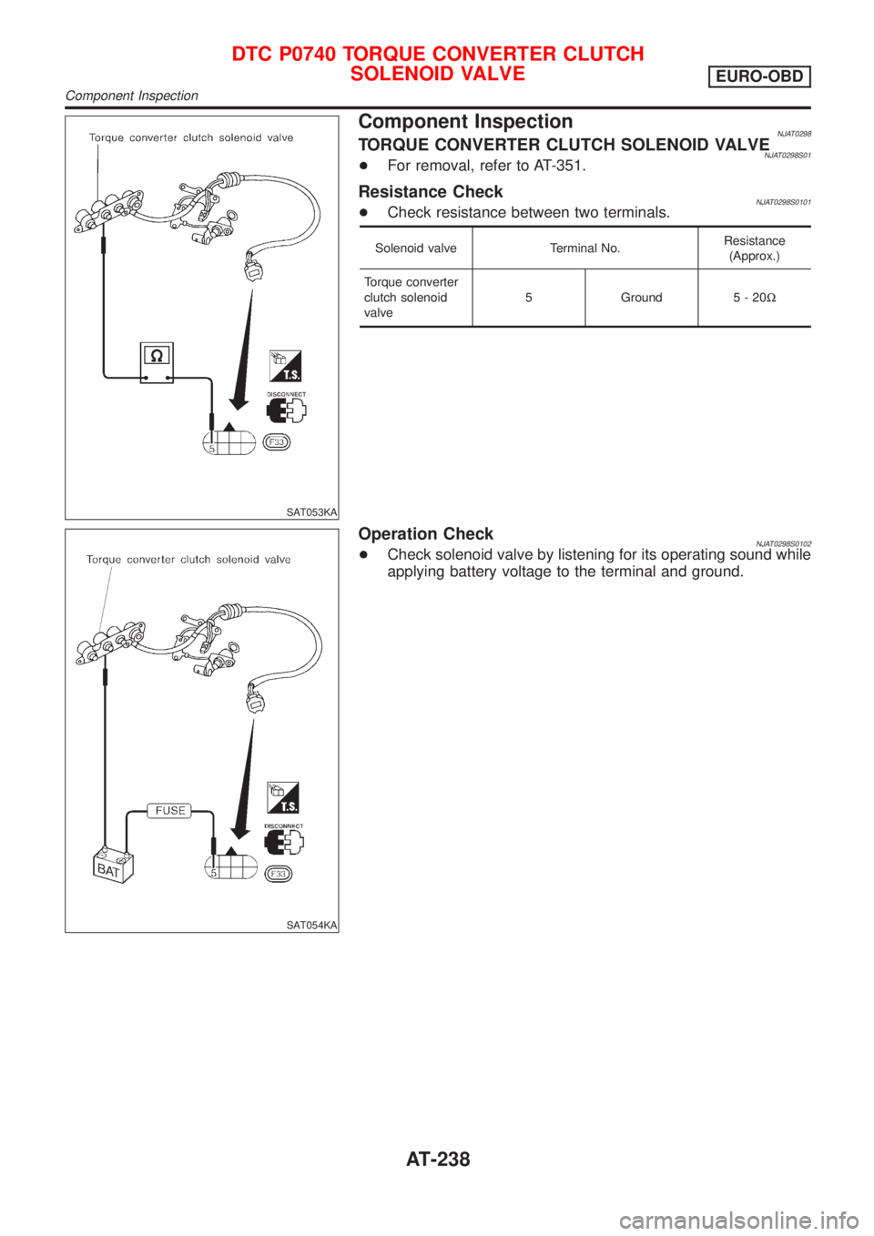 NISSAN ALMERA 2001  Service Manual SAT053KA
Component InspectionNJAT0298TORQUE CONVERTER CLUTCH SOLENOID VALVENJAT0298S01+For removal, refer to AT-351.
Resistance CheckNJAT0298S0101+Check resistance between two terminals.
Solenoid valv