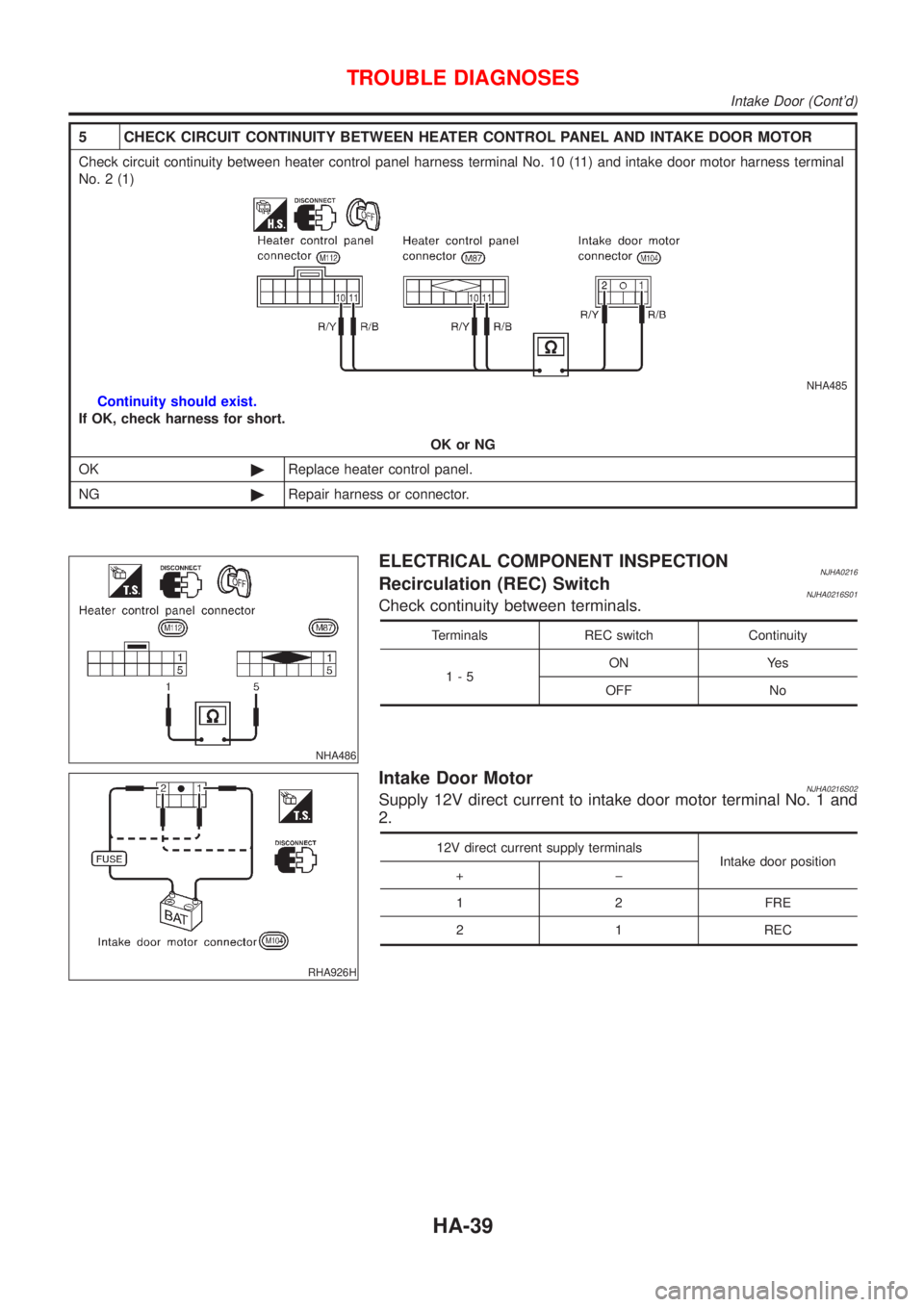 NISSAN ALMERA 2001  Service Manual 5 CHECK CIRCUIT CONTINUITY BETWEEN HEATER CONTROL PANEL AND INTAKE DOOR MOTOR
Check circuit continuity between heater control panel harness terminal No. 10 (11) and intake door motor harness terminal
