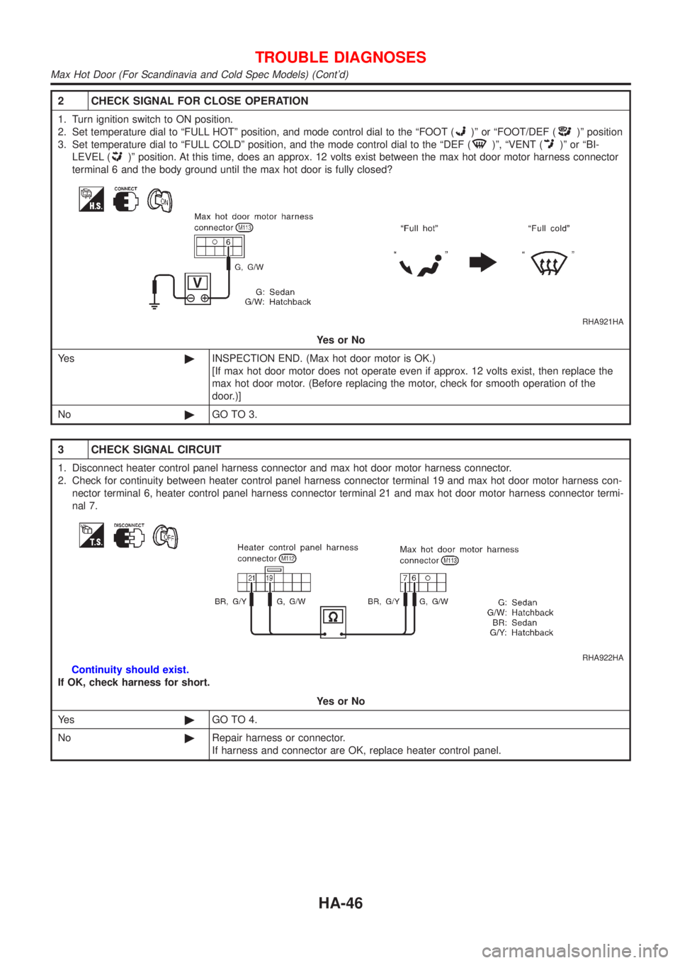 NISSAN ALMERA 2001  Service Manual 2 CHECK SIGNAL FOR CLOSE OPERATION
1. Turn ignition switch to ON position.
2. Set temperature dial to ªFULL HOTº position, and mode control dial to the ªFOOT (
)º or ªFOOT/DEF ()º position
3. Se