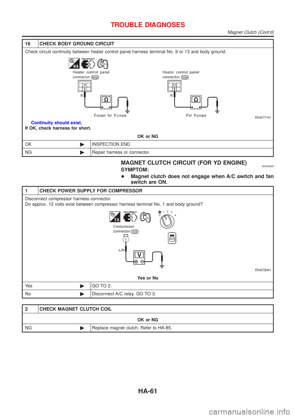 NISSAN ALMERA 2001  Service Manual 16 CHECK BODY GROUND CIRCUIT
Check circuit continuity between heater control panel harness terminal No. 9 or 13 and body ground.
RHA771H
Continuity should exist.
If OK, check harness for short.
OK or 