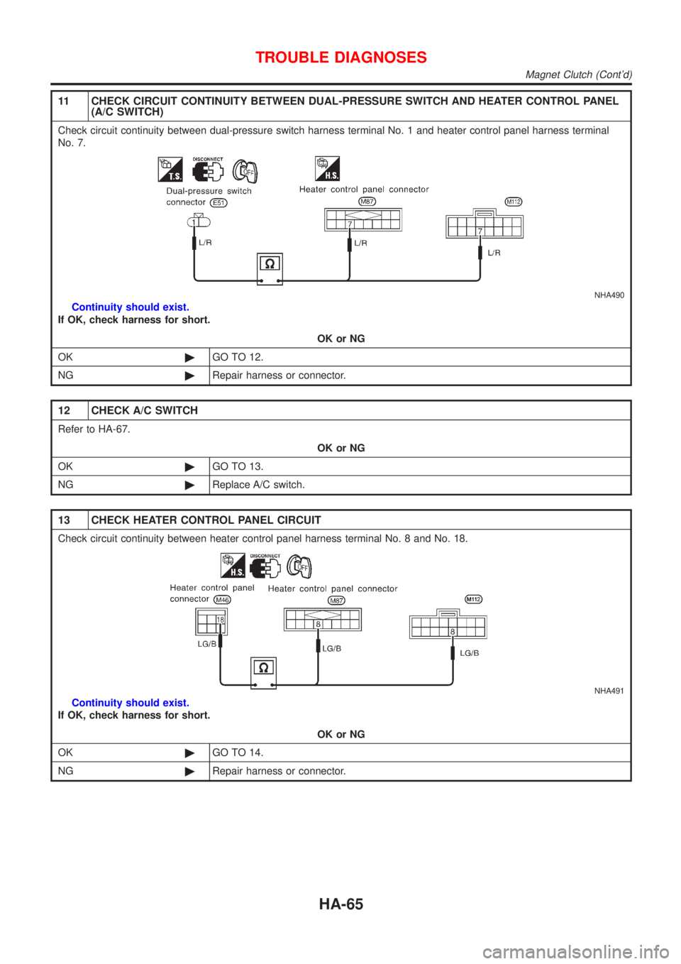 NISSAN ALMERA 2001  Service Manual 11 CHECK CIRCUIT CONTINUITY BETWEEN DUAL-PRESSURE SWITCH AND HEATER CONTROL PANEL
(A/C SWITCH)
Check circuit continuity between dual-pressure switch harness terminal No. 1 and heater control panel har