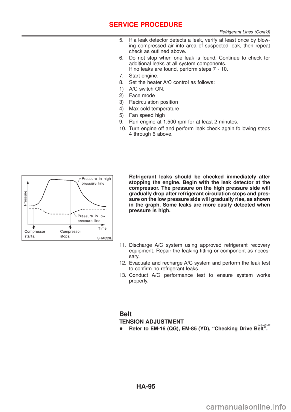 NISSAN ALMERA 2001 Service Manual 5. If a leak detector detects a leak, verify at least once by blow-
ing compressed air into area of suspected leak, then repeat
check as outlined above.
6. Do not stop when one leak is found. Continue NISSAN ALMERA 2001 Service Manual 5. If a leak detector detects a leak, verify at least once by blow-
ing compressed air into area of suspected leak, then repeat
check as outlined above.
6. Do not stop when one leak is found. Continue